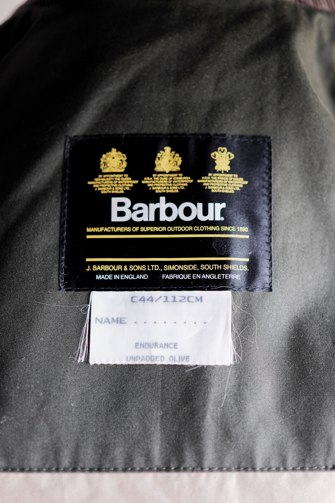 [~ 90 년대] Vintage Barbour "Endure"3 Crest Size.44 "Dead Stock"