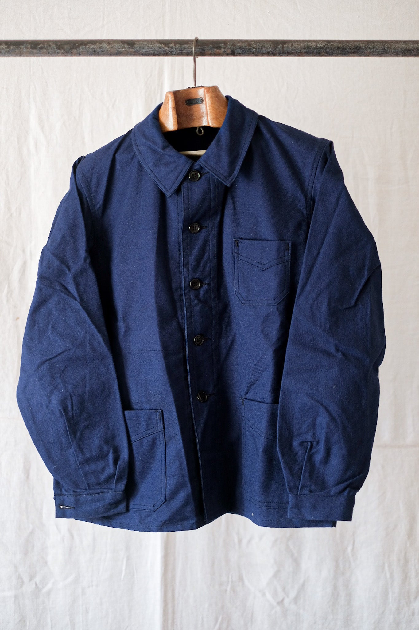[~ 40 '] 프랑스 빈티지 블루 코튼 트 와일 작업 재킷