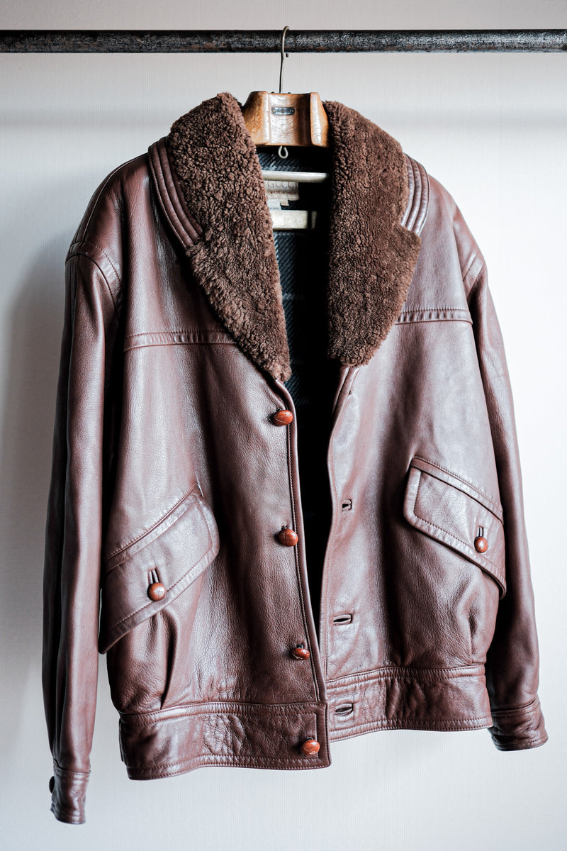 [~ 80's] Old Gucci Shawl Collar Leather Bomber Jacket Size.52