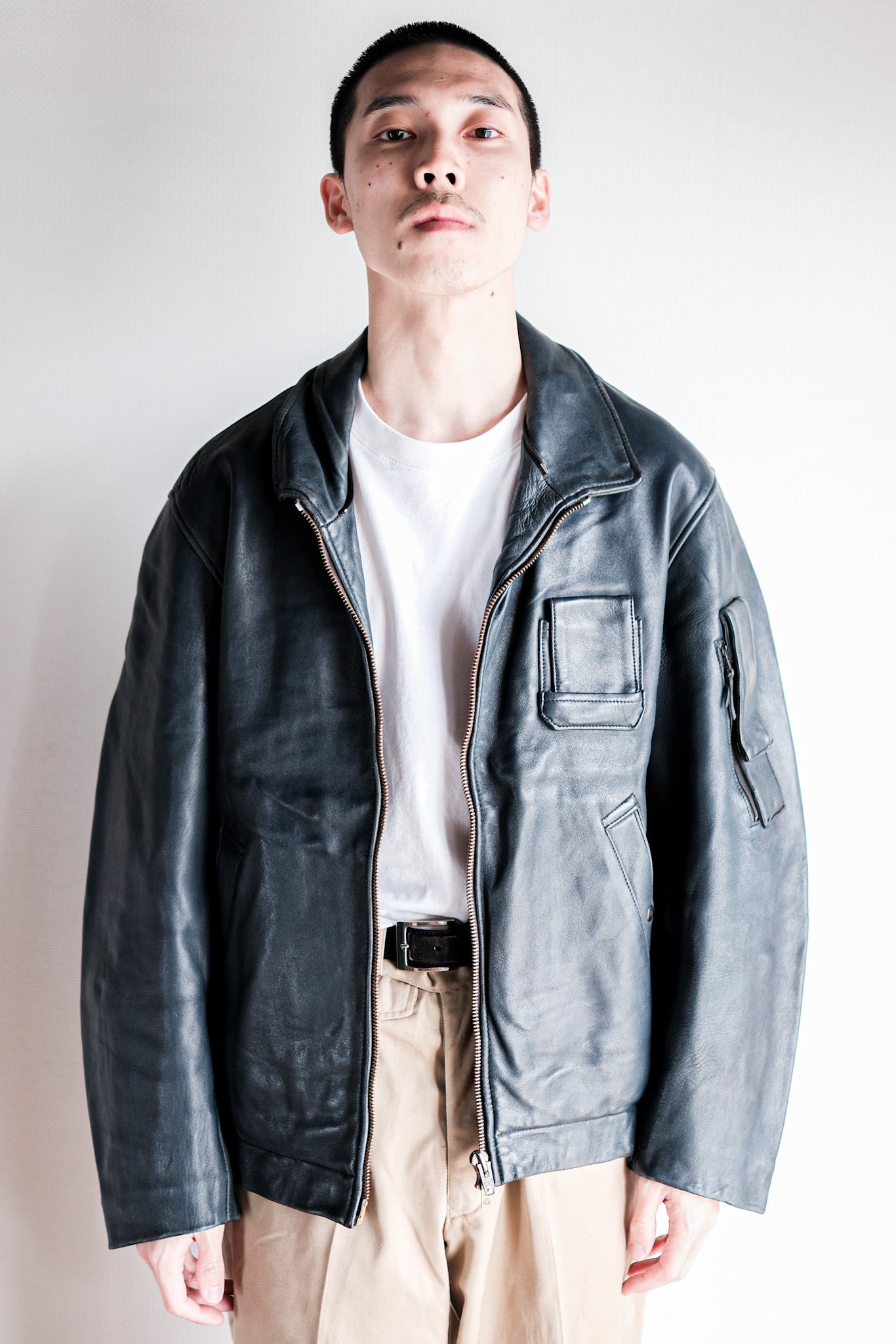 ［~70's］French Air Force Pilot Leather Jacket With Chin Strap