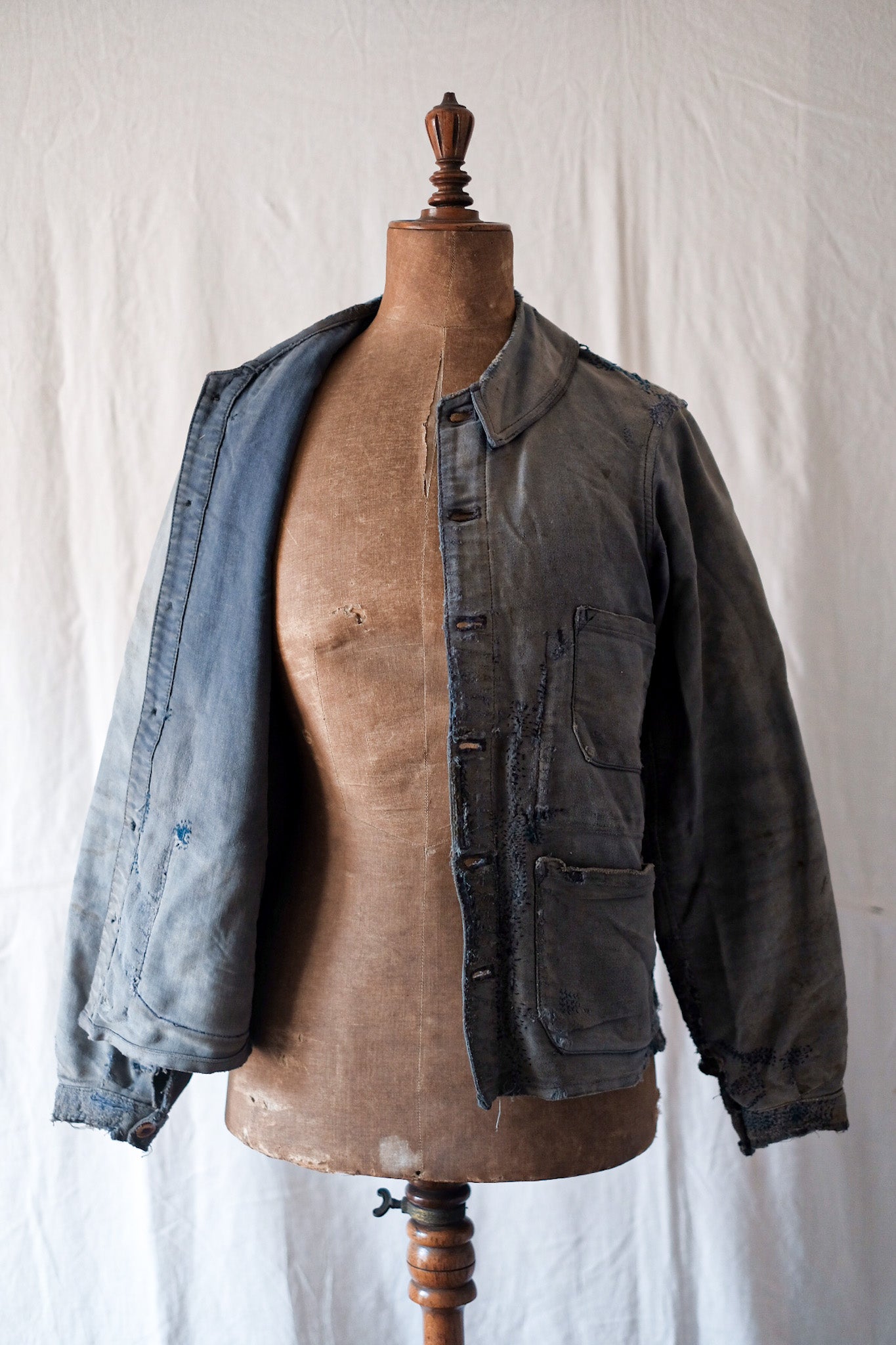 [~ 30 '] 프랑스 빈티지 블루 몰스킨 작업 재킷 "크레피어"