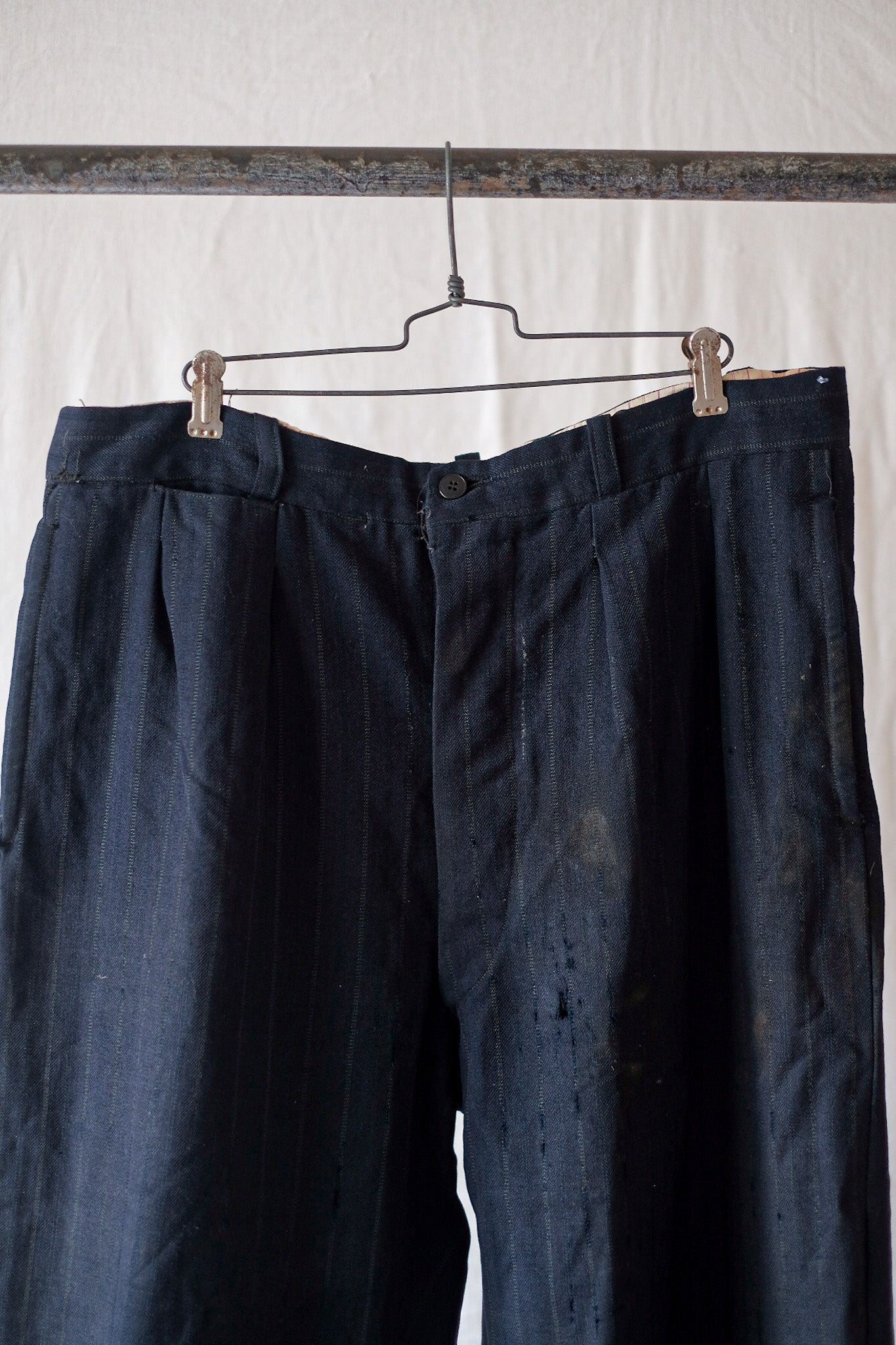 [~ 40's] French Vintage Navy Wool Work Striped Pant