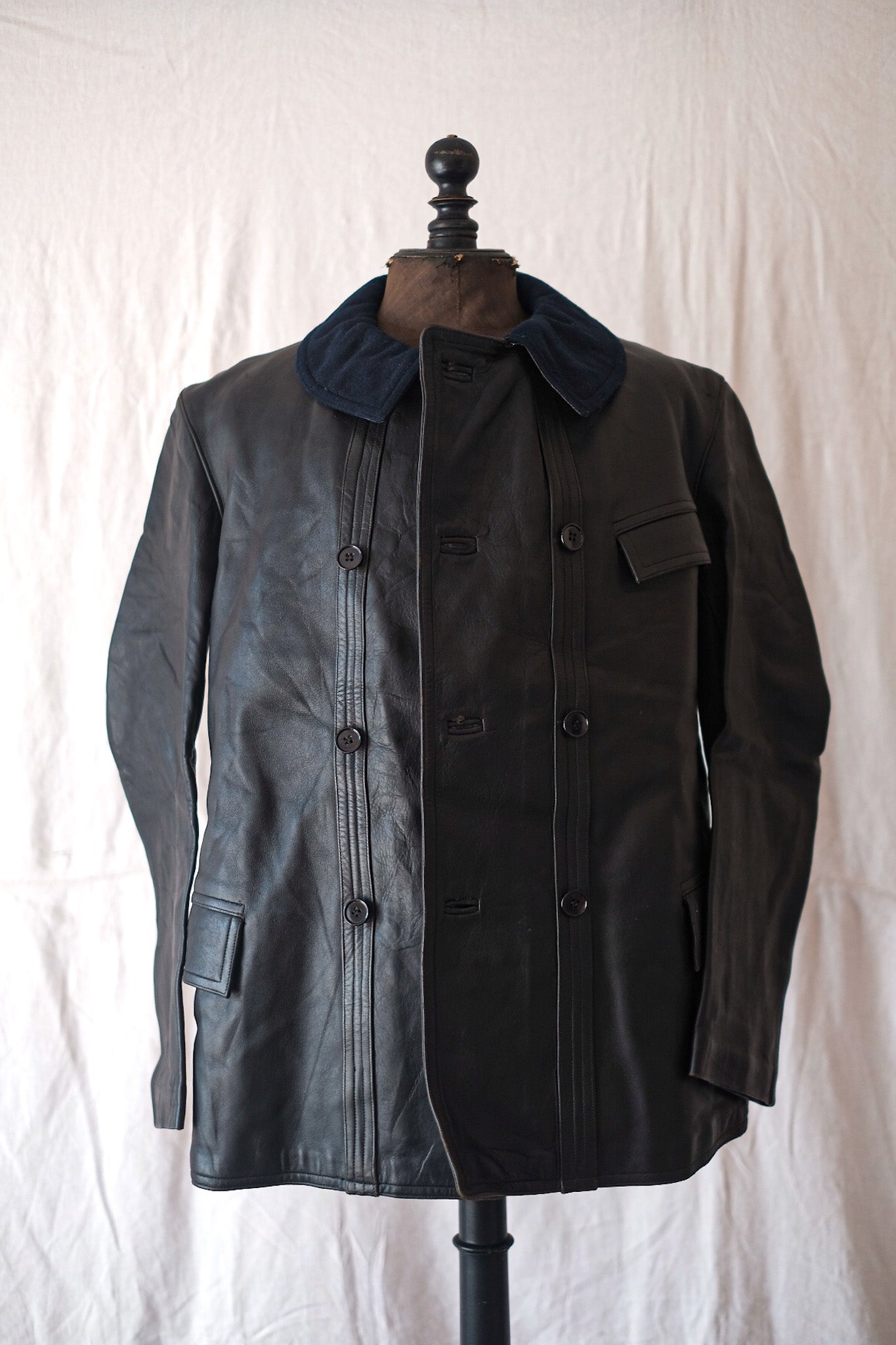 [~ 80's] French Vintage Le Corbusier Leather Work Jacket "Wool Collar"