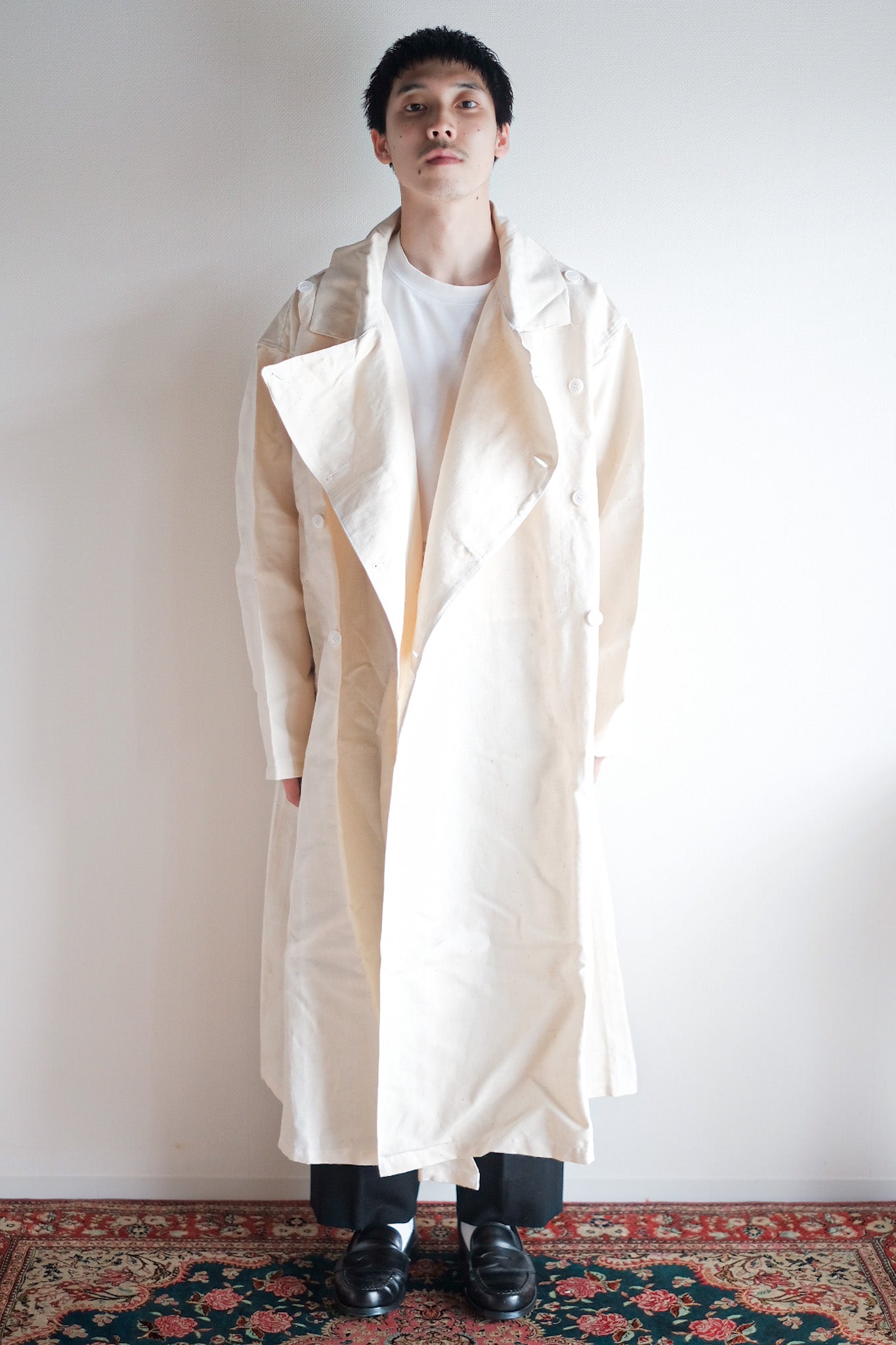 ［~50's］French Army Double Breasted Linen Coat Hospital Military "Dead Stock"