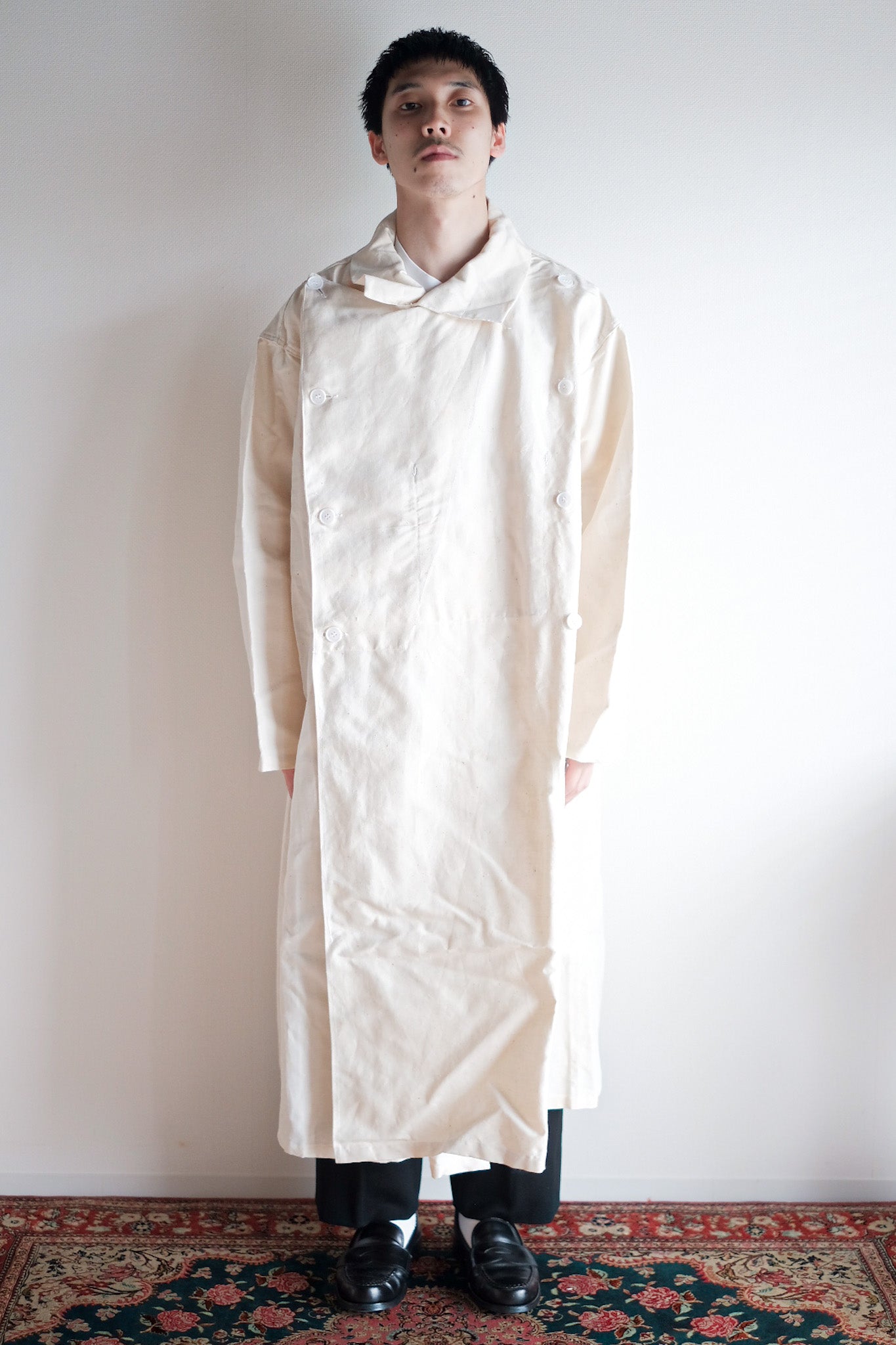 ［~50's］French Army Double Breasted Linen Coat Hospital Military "Dead Stock"