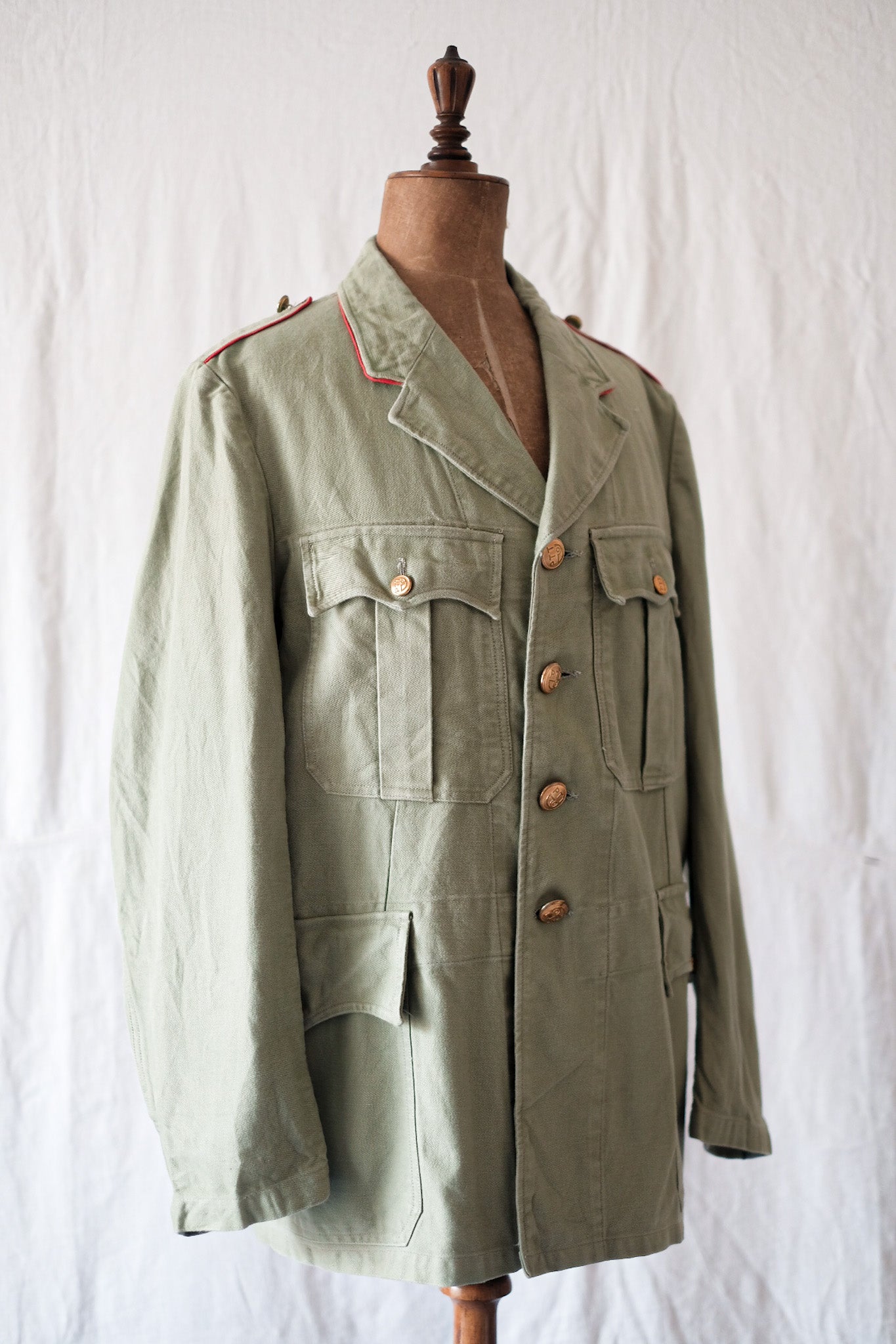 [~ 40's] French Vintage Ptt Green Moleskin Lapel Work Jacket