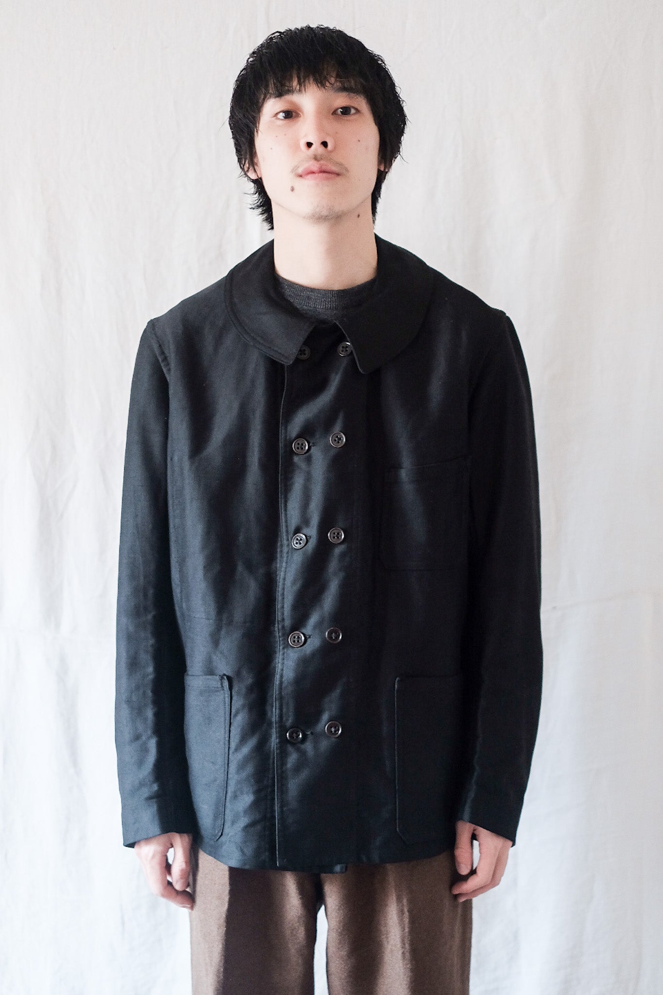 [~ 30's] French Vintage Double Breasted Black Moleskin Work Jacket