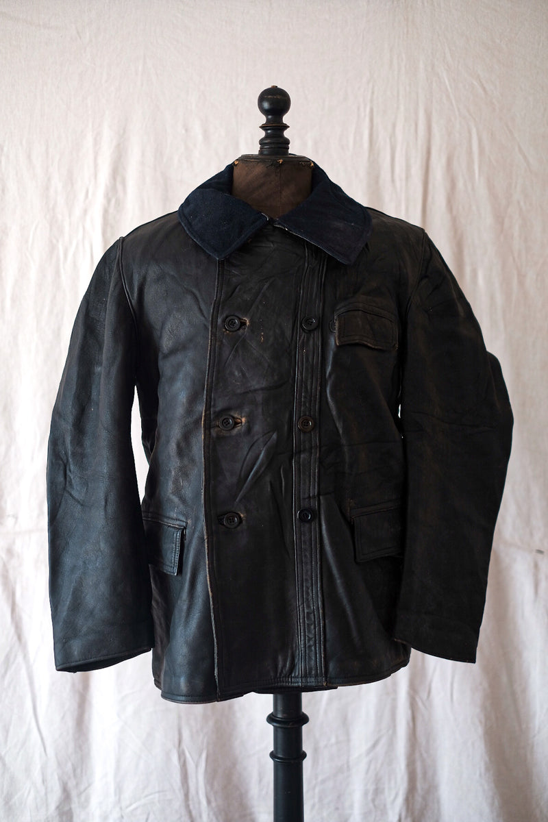 【~40's】French Vintage Le Corbusier Leather Work Jacket "Wool Collar"