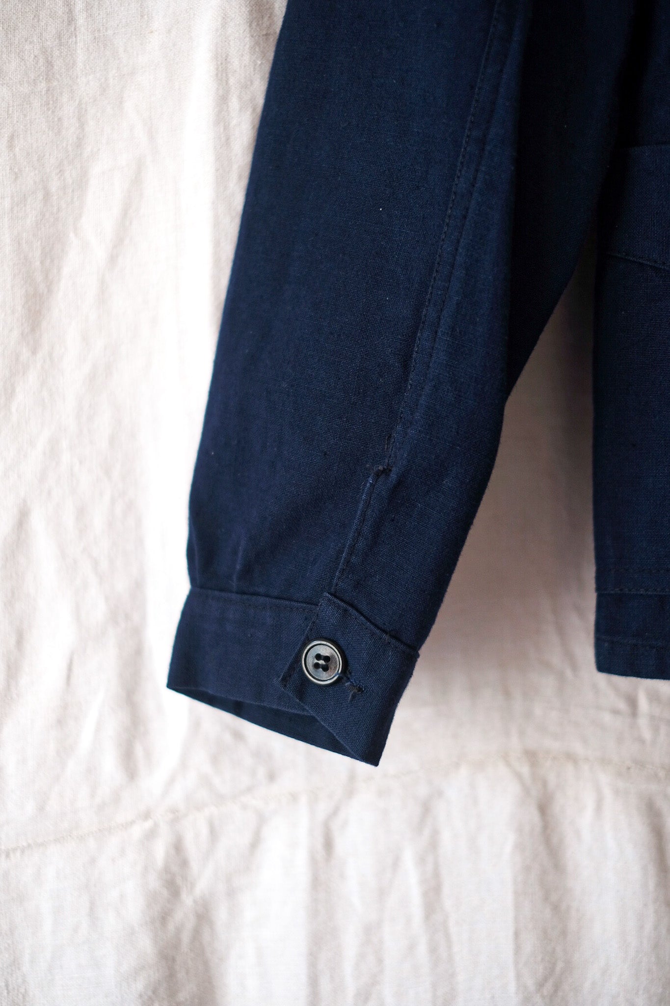 【~30's】French Vintage Double Breasted Indigo Cotton Linen Work Jacket "Dead Stock""
