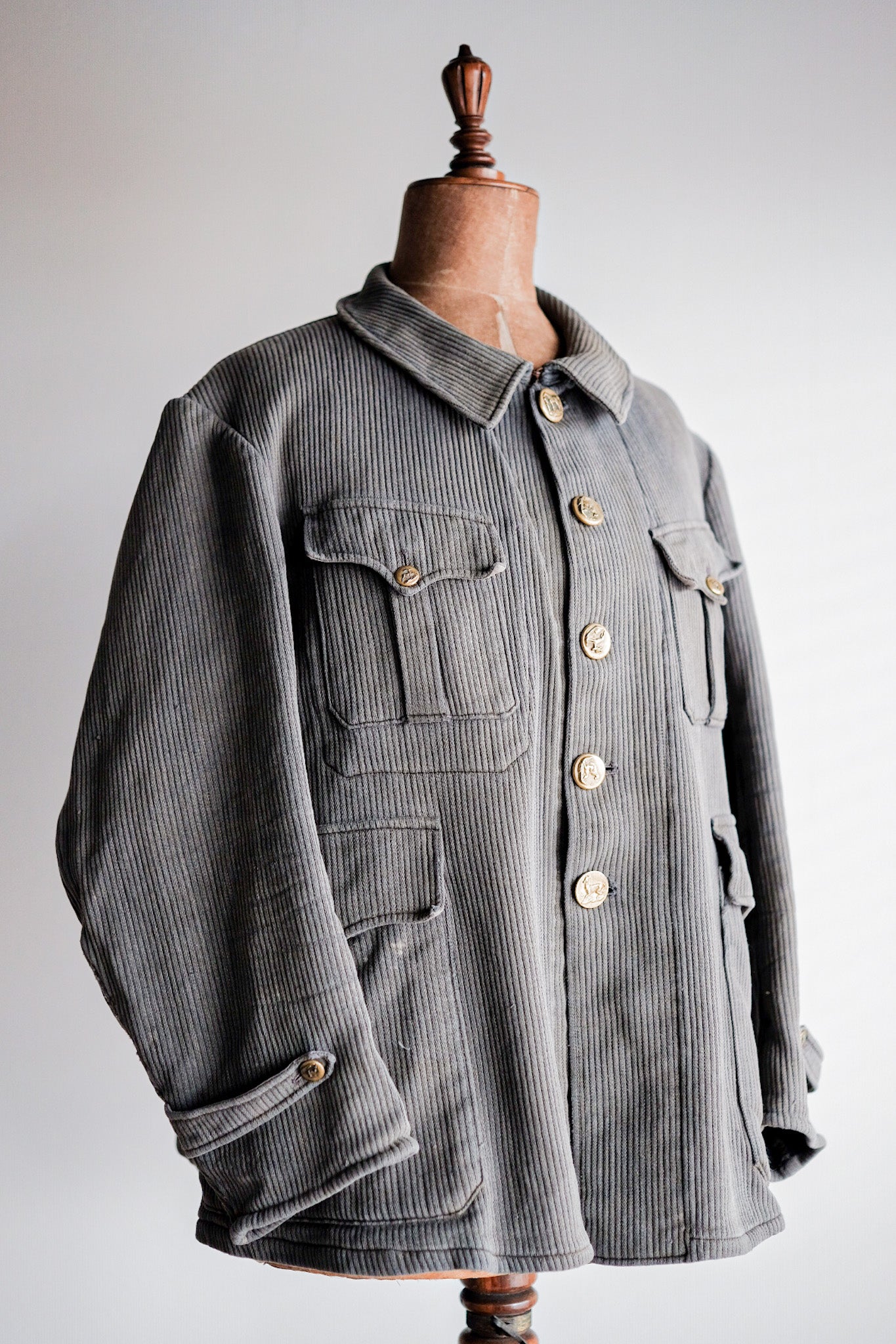 ［~30's］French Vintage Gray Cotton Pique Hunting Jacket With Chin Strap