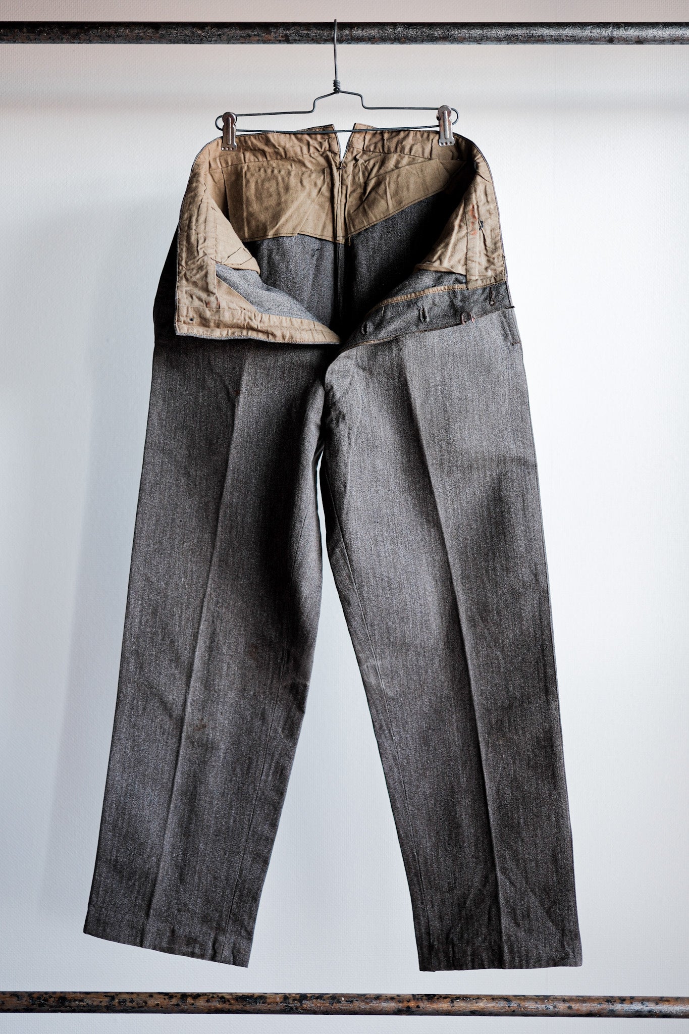 20's] French Vintage Brown Salt & Pepper Cotton Hbt Work Pants