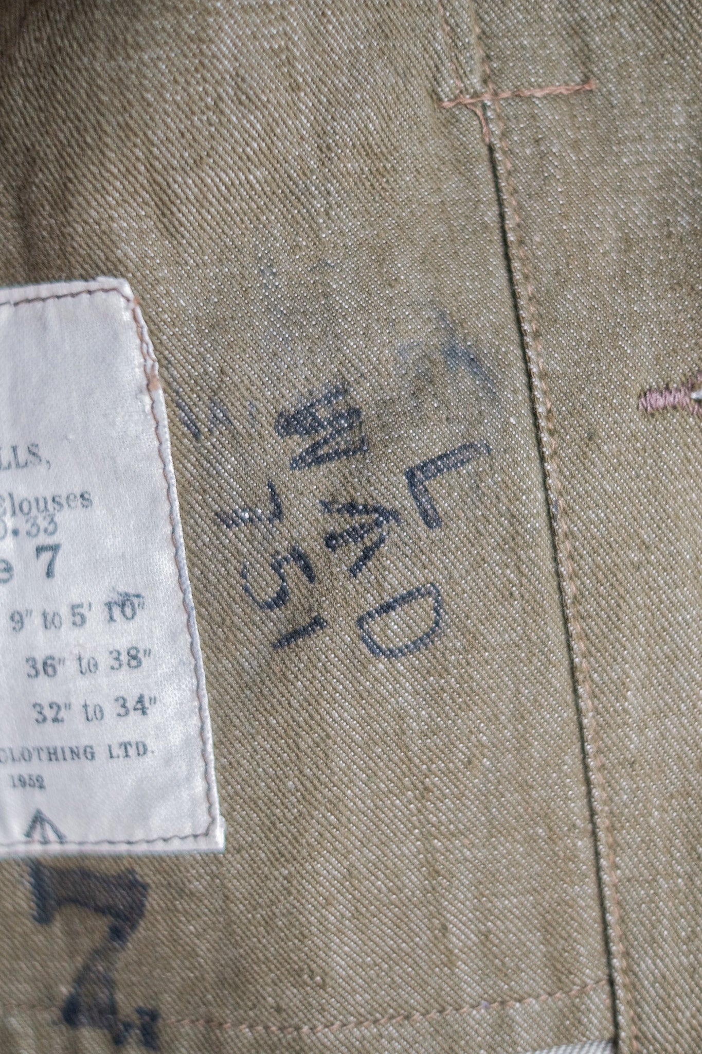 [~ 50's] British Army Green Denim Battle Dress Veste Taille.7 "MORT STOCK"