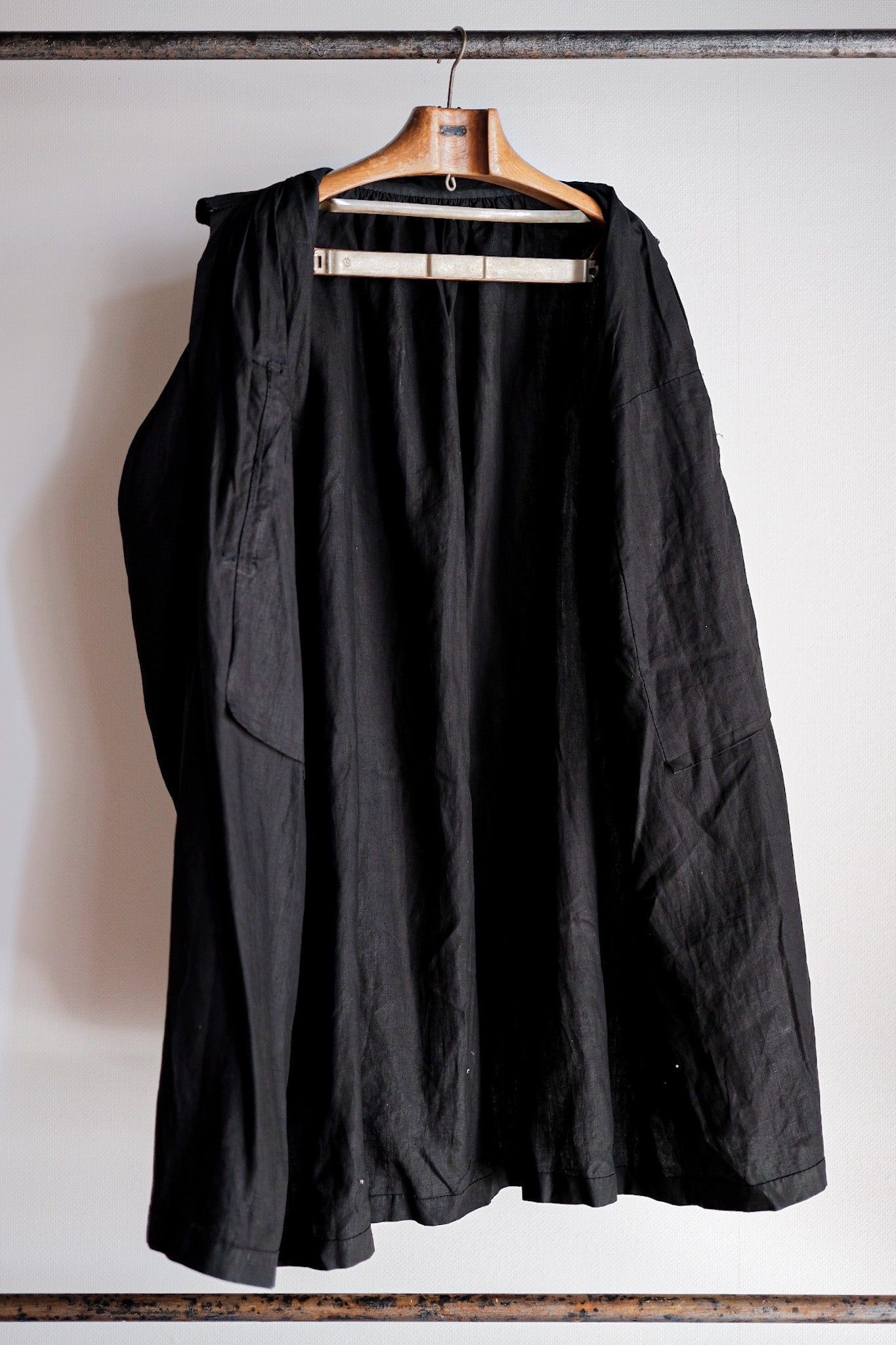 ［Early 20th C］French Antique Black Indigo Linen Smock Open Type "Biaude" "Dead Stock"