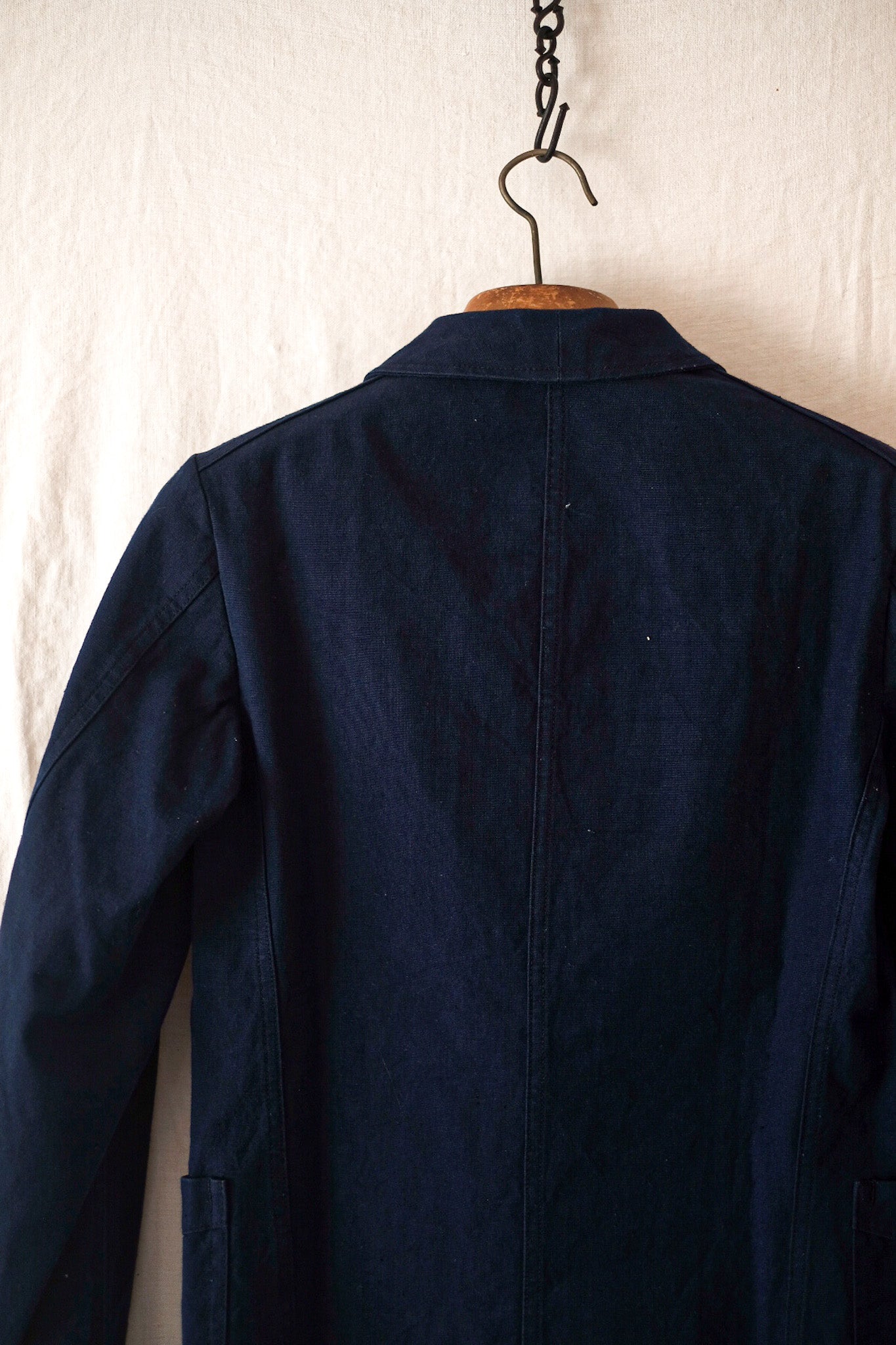 【~30's】French Vintage Double Breasted Indigo Cotton Linen Work Jacket "Dead Stock""