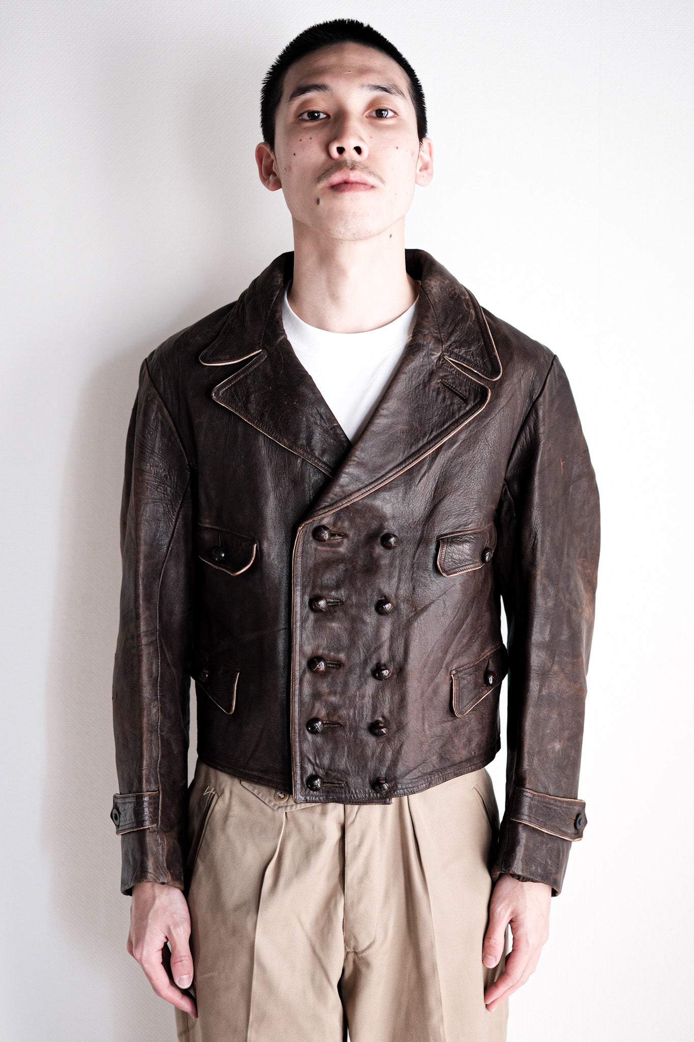 40's] German Vintage Double Breasted Motorcycle Leather Jacket