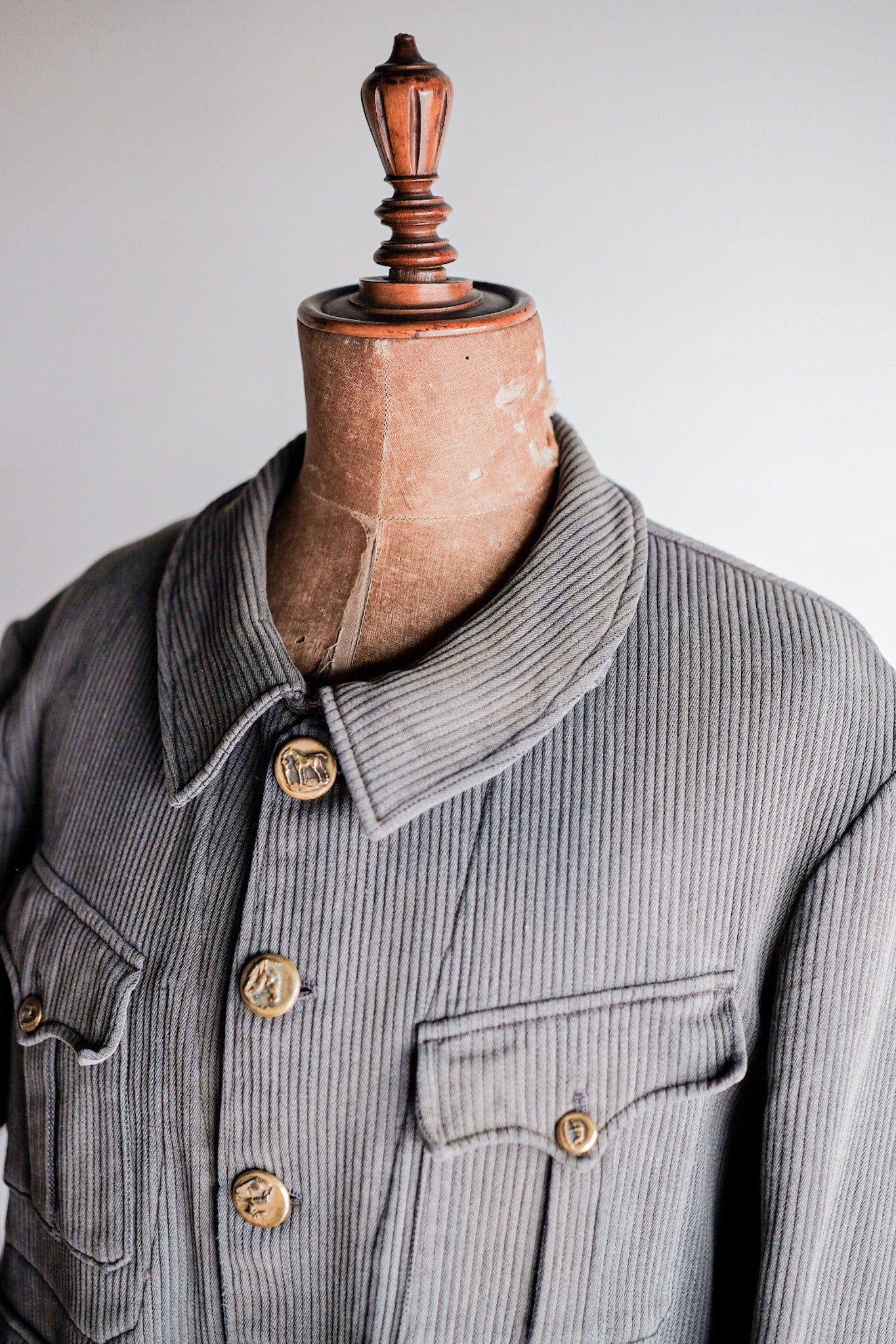 ［~30's］French Vintage Gray Cotton Pique Hunting Jacket With Chin Strap