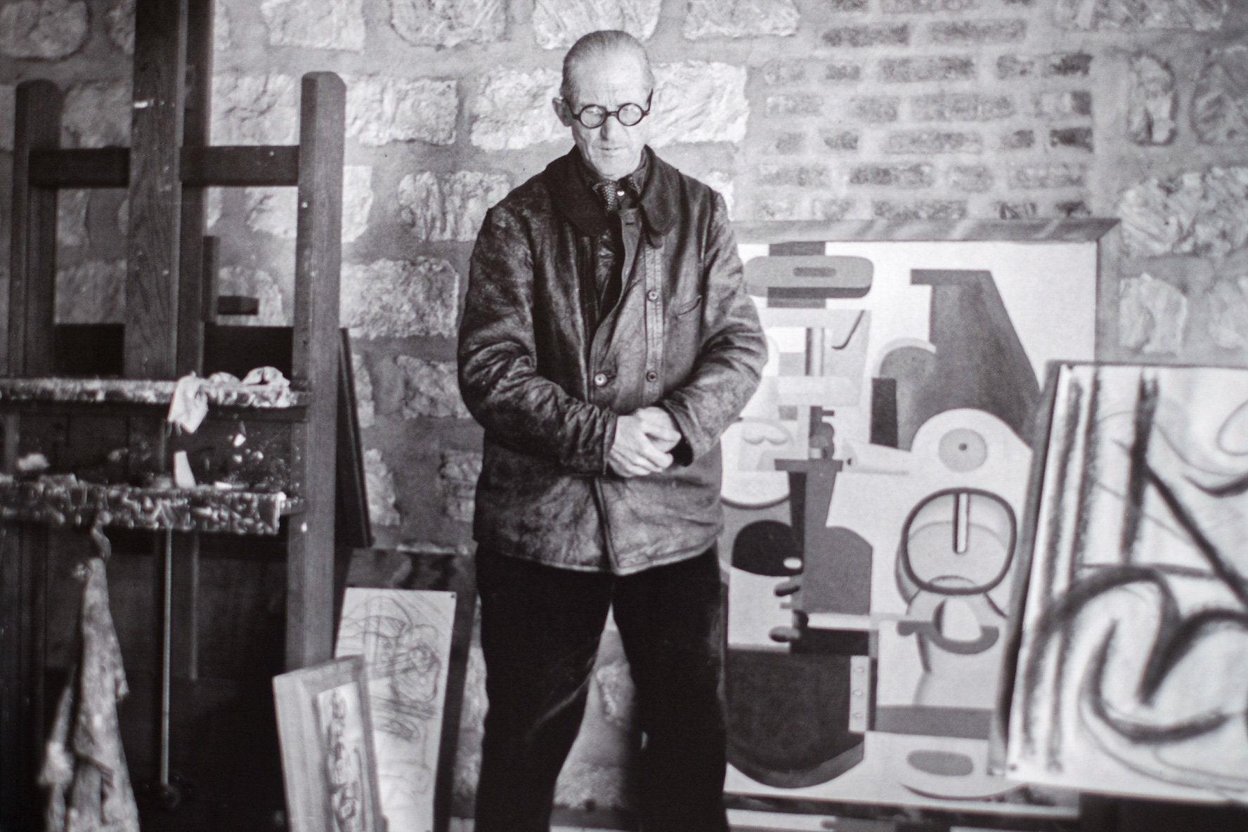 [~ 40's] Vintage français Le Corbusier en cuir veste "collier en laine"