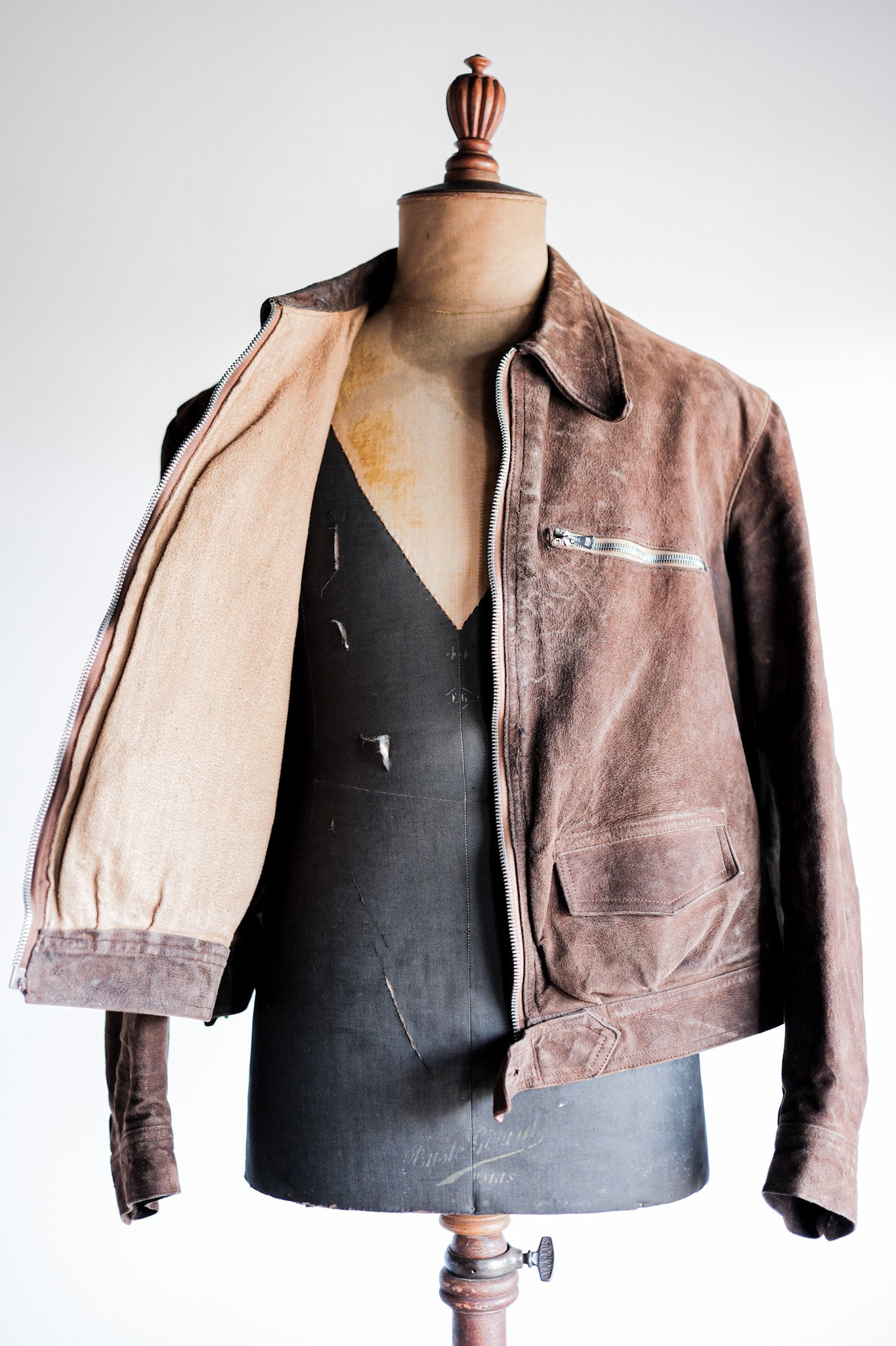 30's】French Vintage Suede Leather Cyclist Jacket