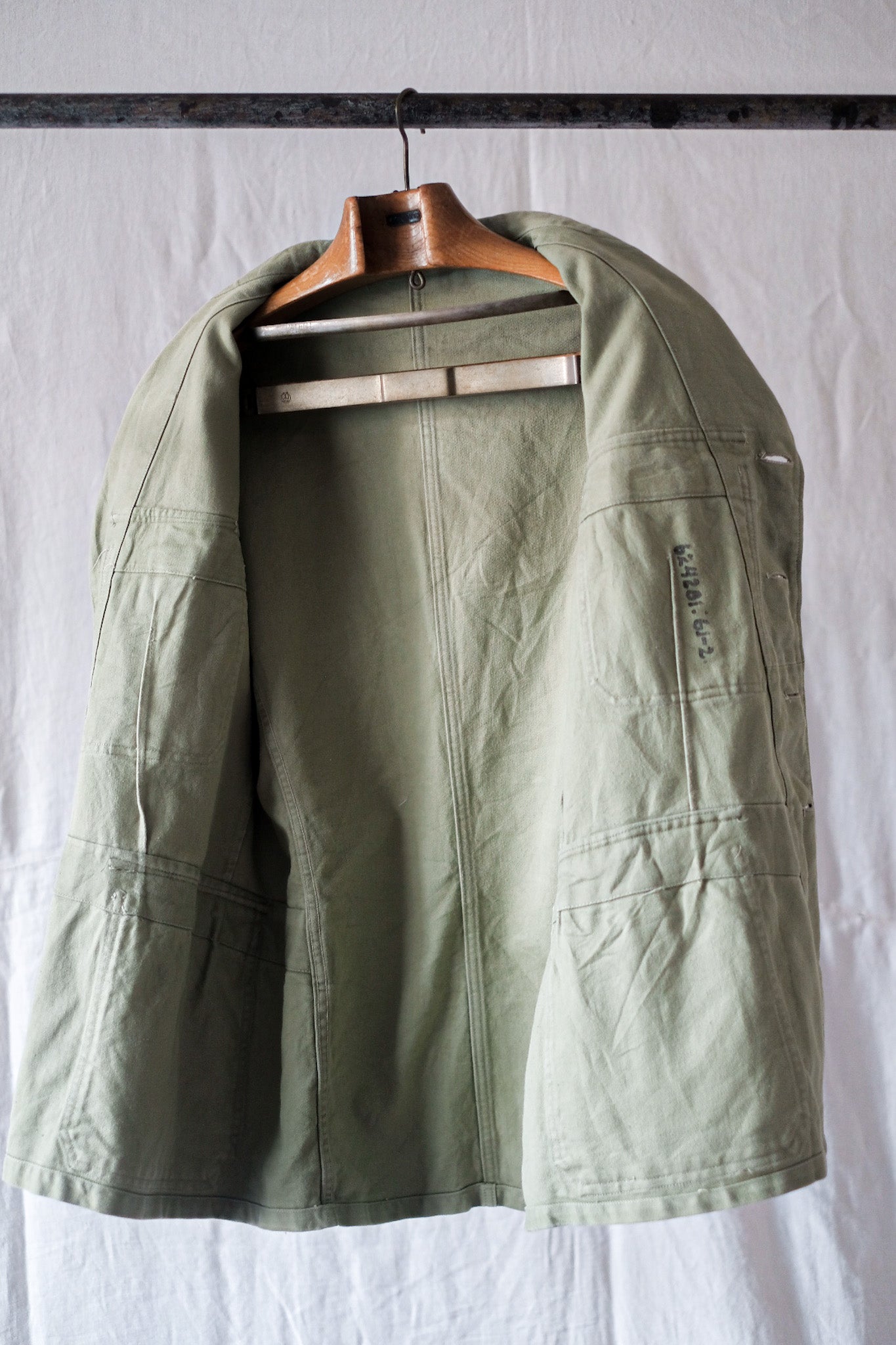 [~ 40's] Jacket de travail de la revers à la malues ​​verte vintage française Vintage