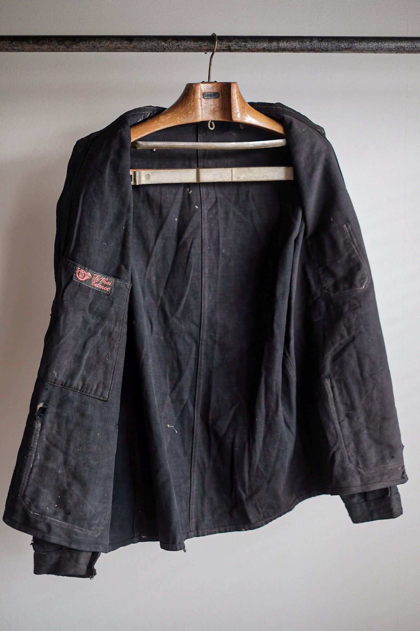 [~ 20 '] 프랑스 빈티지 블랙 몰스 피부 작업 재킷 "6 버튼"