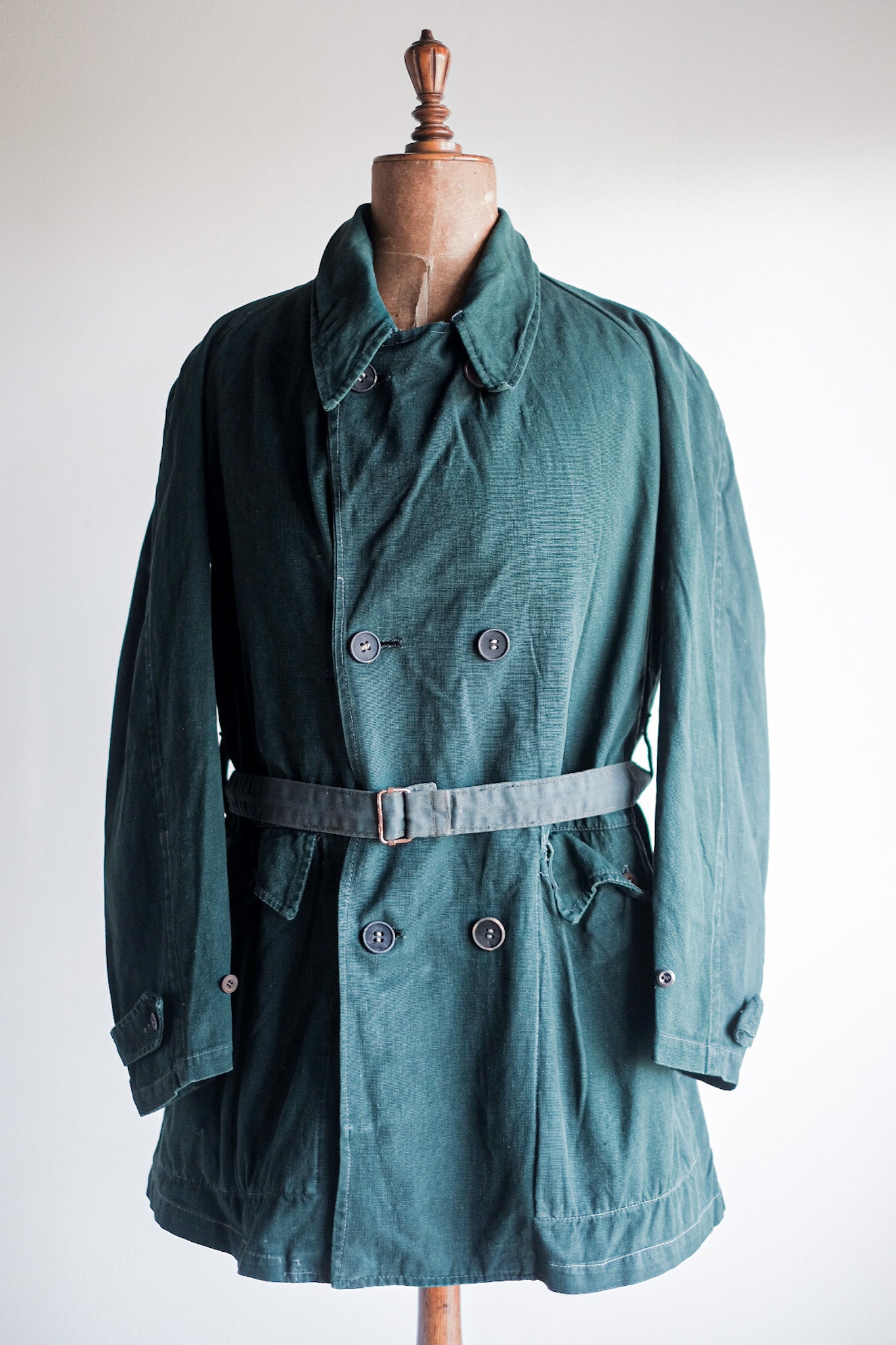 40's】French Army Double Breasted Green Linen Canvas Jacket