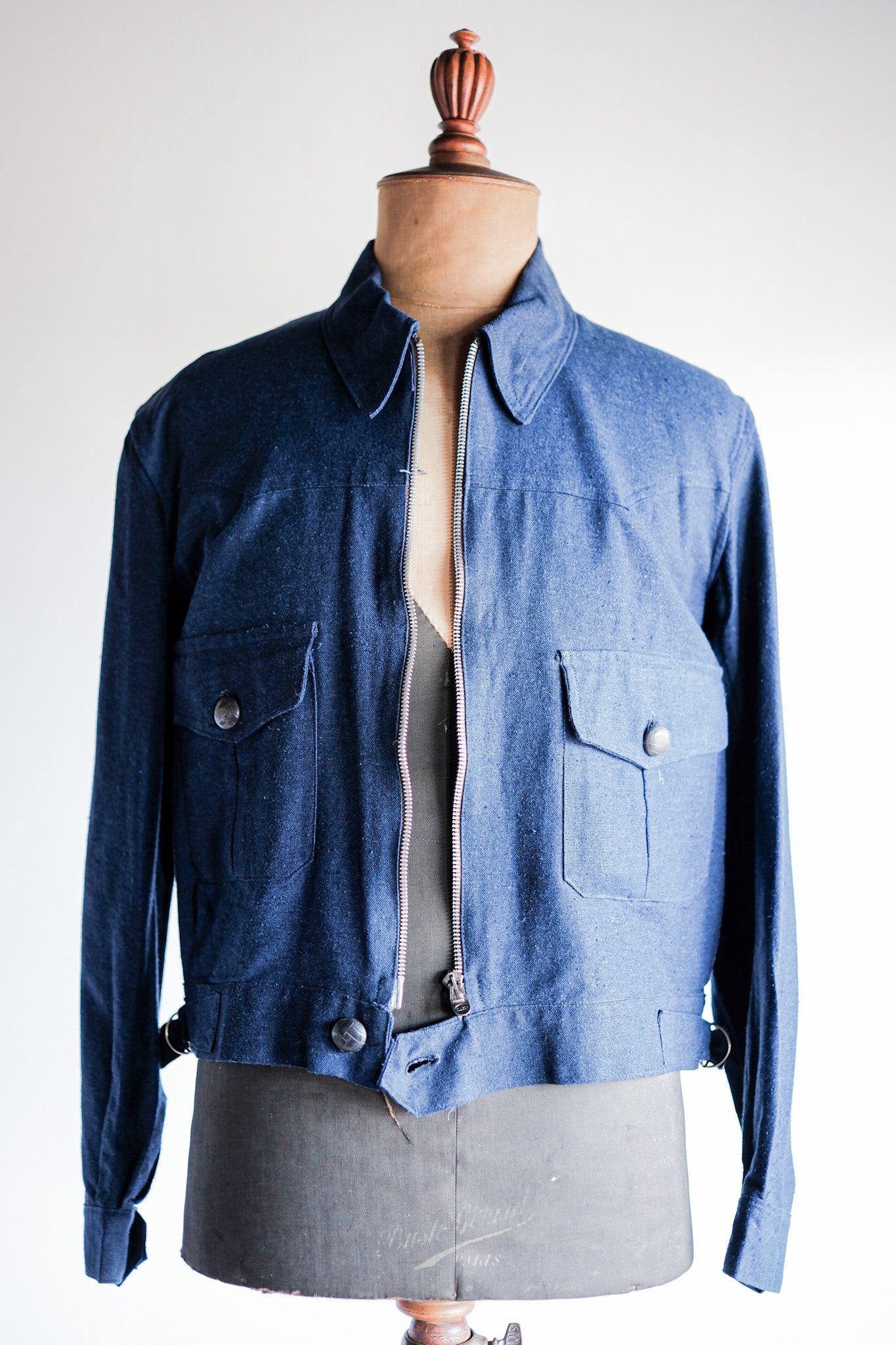 【~40’s】French Vintage Indigo Hemp Linen Cyclist Jacket
