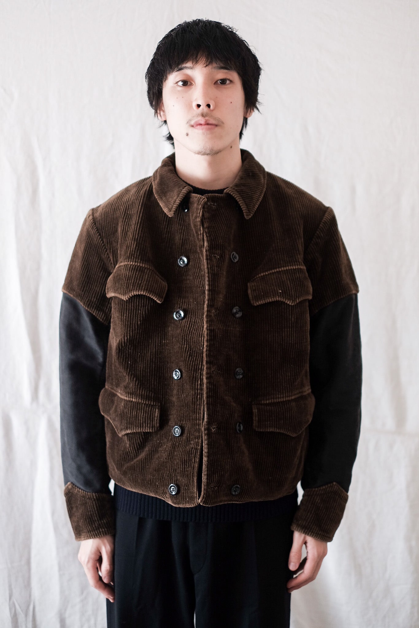 40's] Belgian Vintage Brown Corduroy x Black Moleskin Double Breasted Work  Jacket