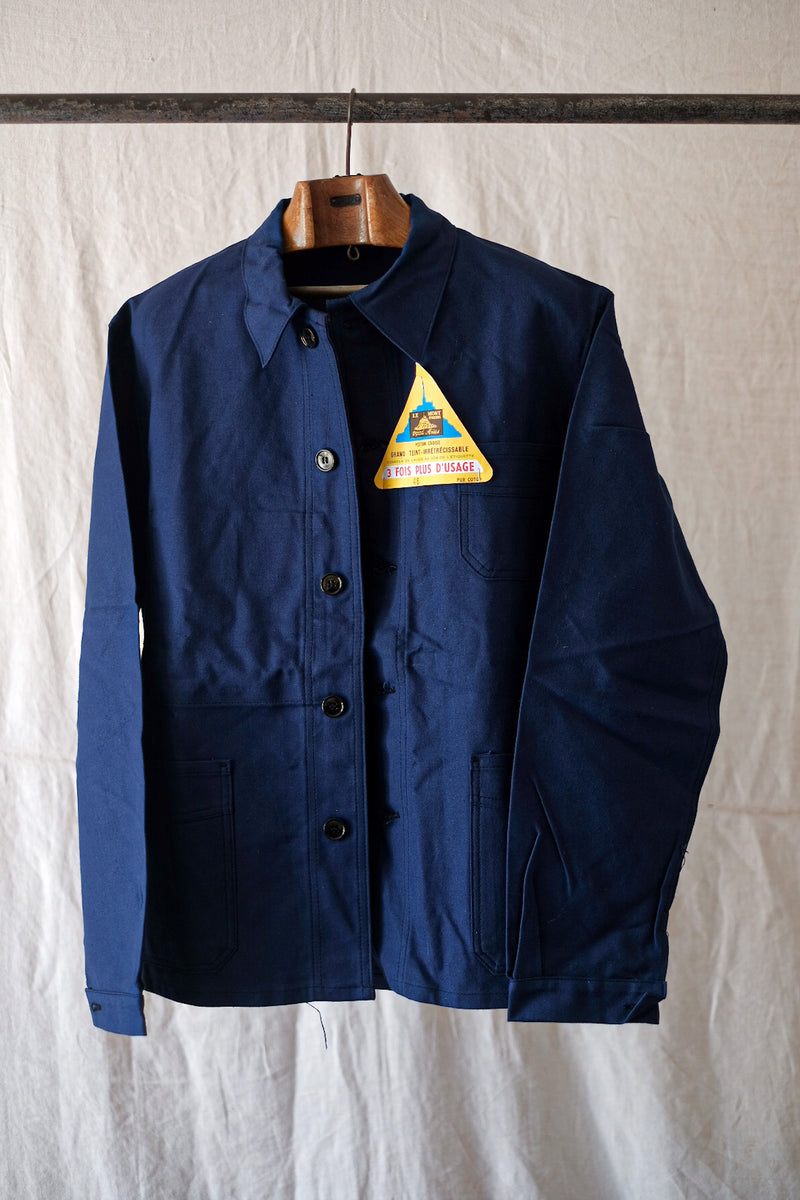 【~50's】French Vintage Blue Cotton Twill Work Jacket "Le Mont St. Michel" "Dead Stock"
