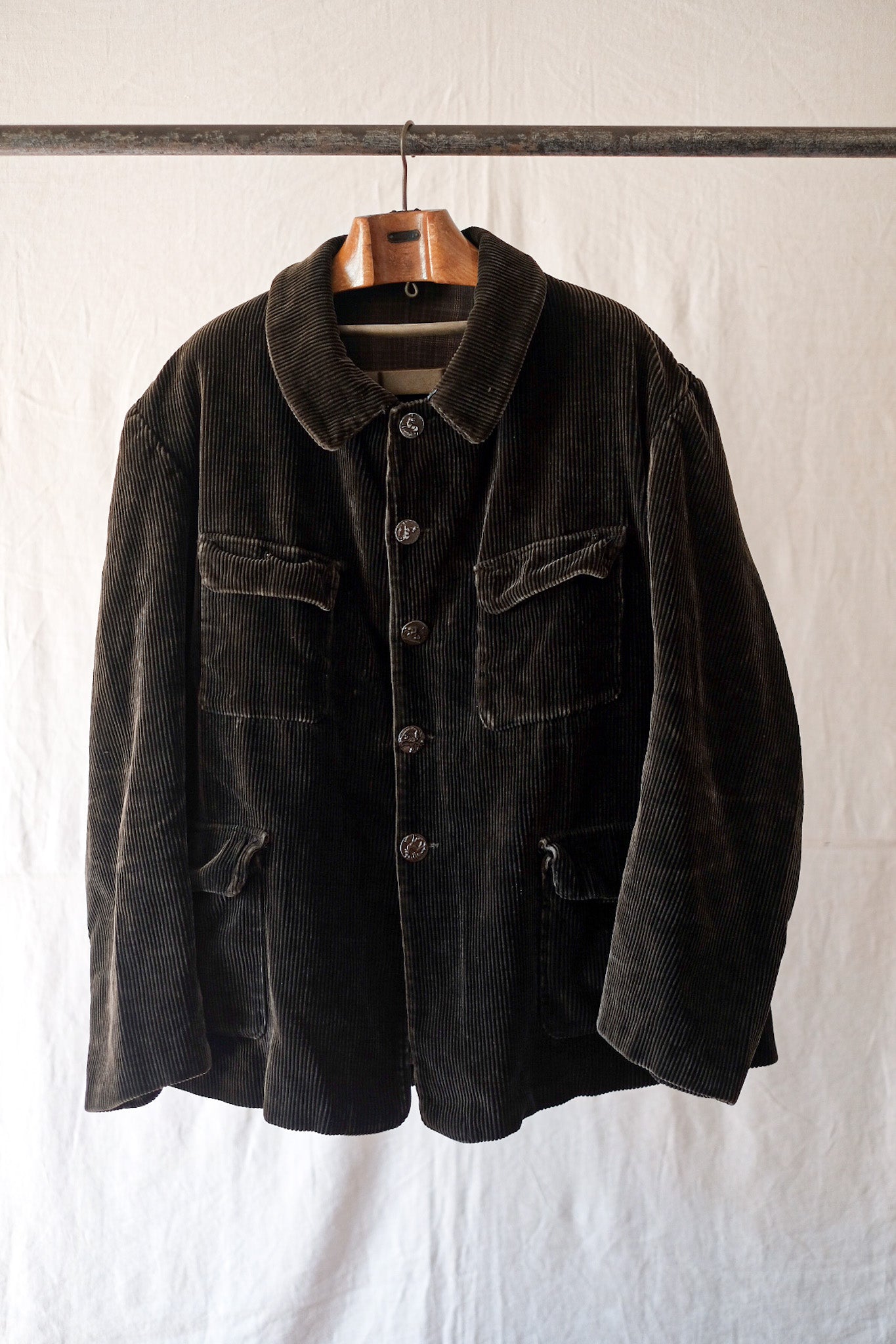 [~ 30's] French Vintage Dark Brown Corduroy Gamekeeper Hunting Jacket