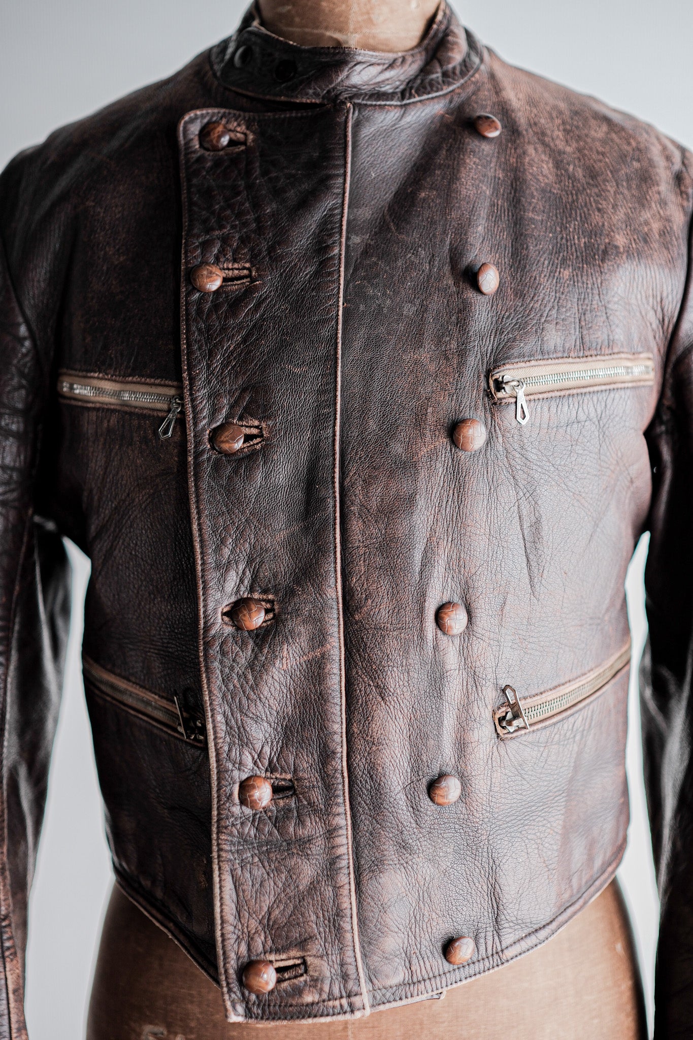 30's】German Vintage Double Breasted Motorcycle Leather Jacket