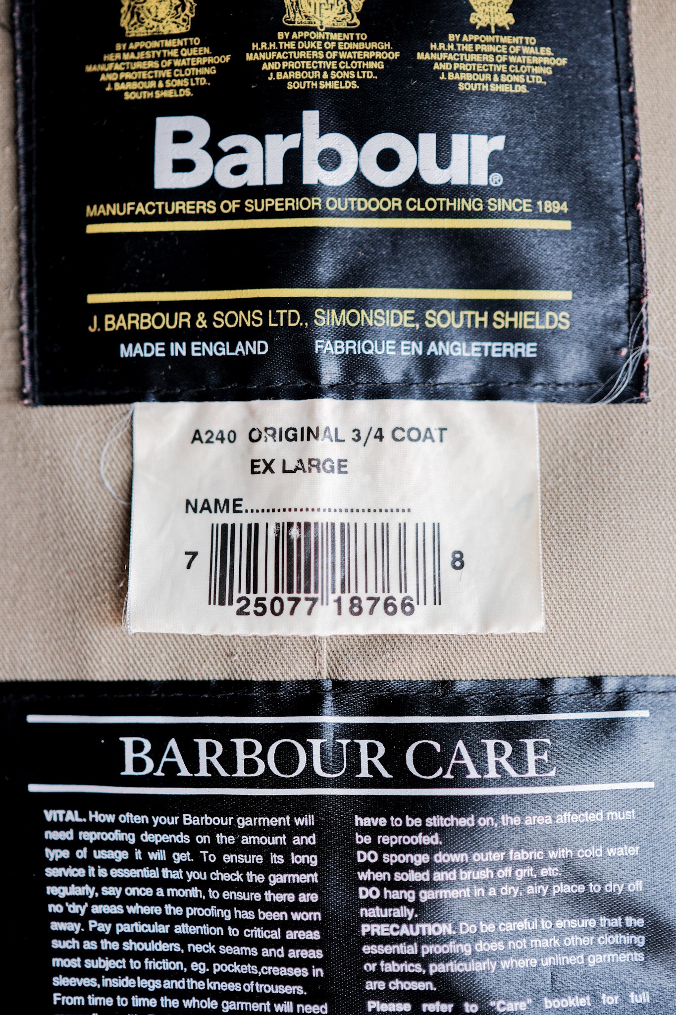 ［~90's］Vintage Barbour "ORIGINAL 3/4 COAT" 3 Crest Size.EX LARGE