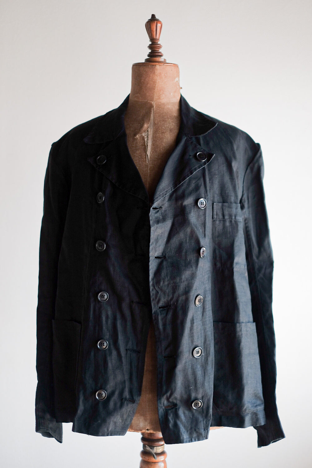【~30's】French Vintage Black Indigo Linen Double Breasted Work Jacket "Dead Stock"