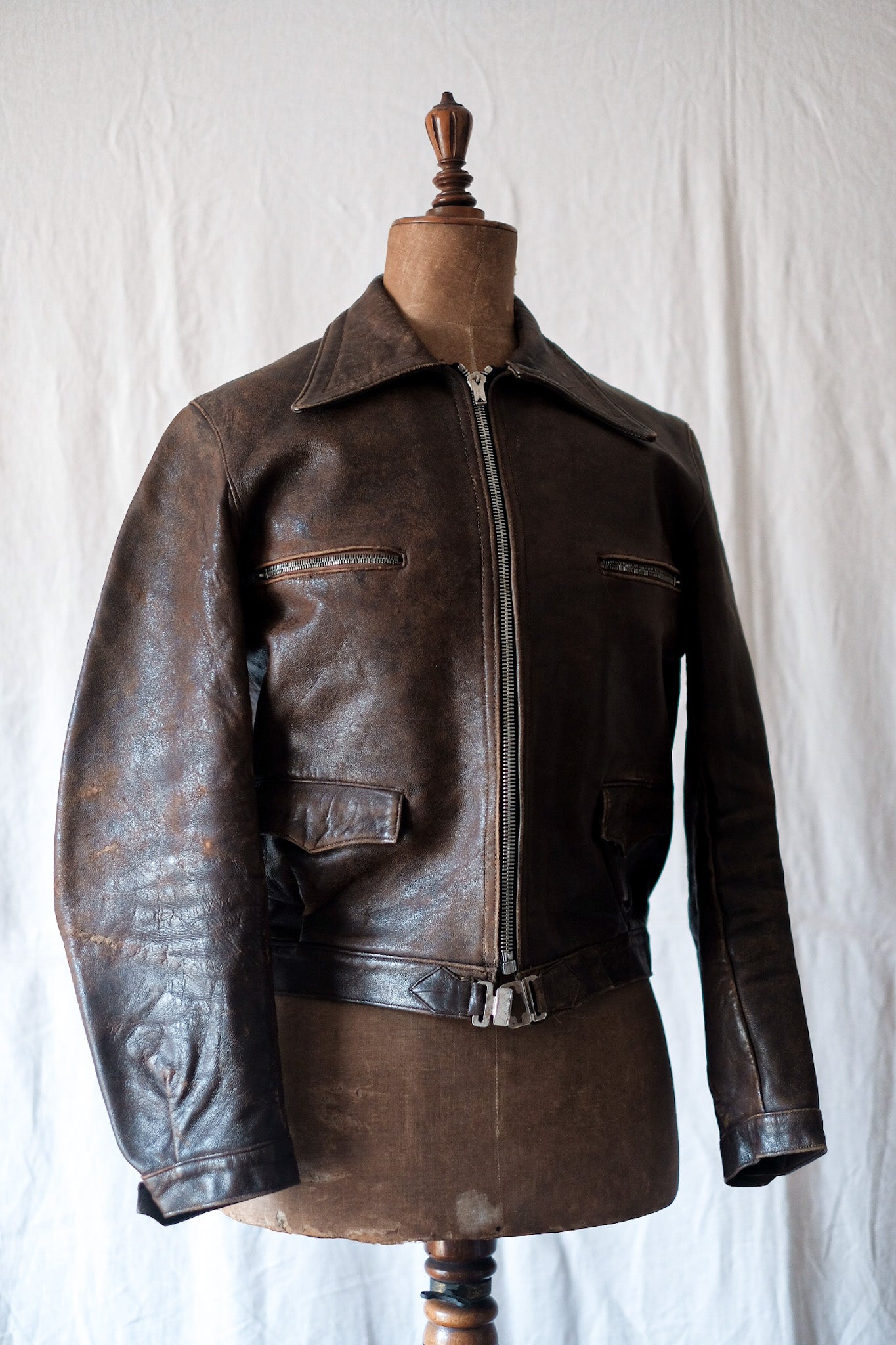 40's】French Vintage Leather Cyclist Jacket