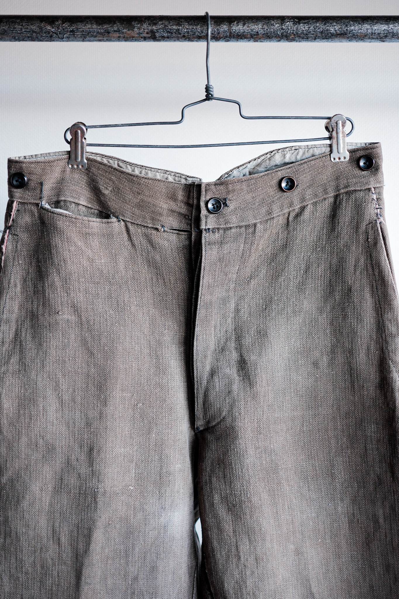 【Late 19th C】French Antique Brown HBT Linen Firefighter Trousers