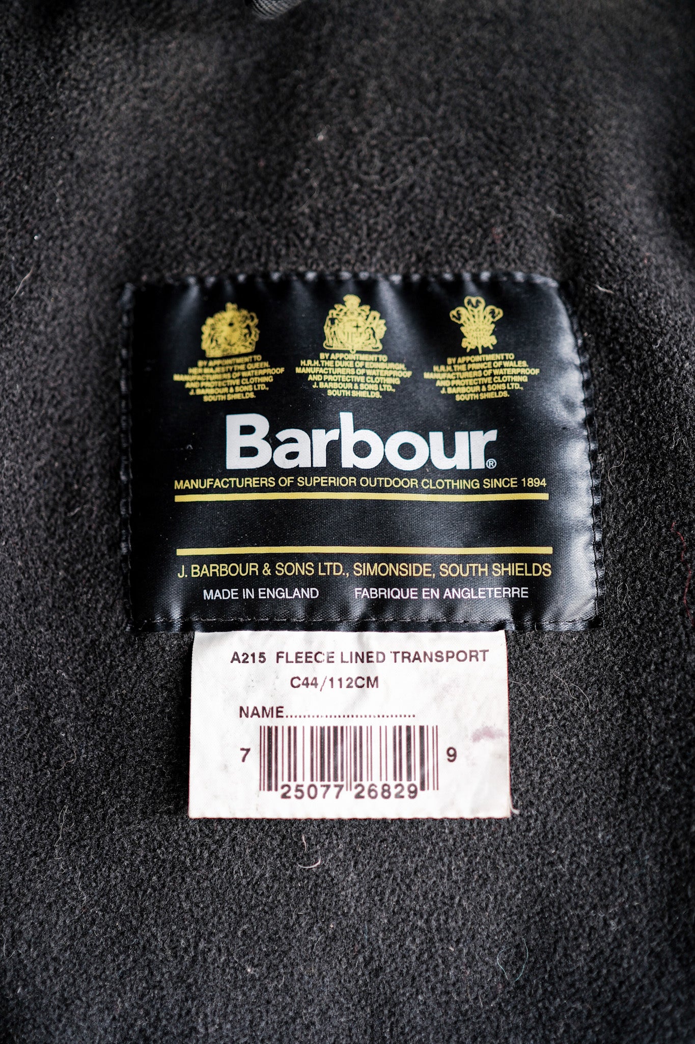 [~ 00 's] Vintage Barbour "Fleece Lined Transport"3 Crest Size.44
