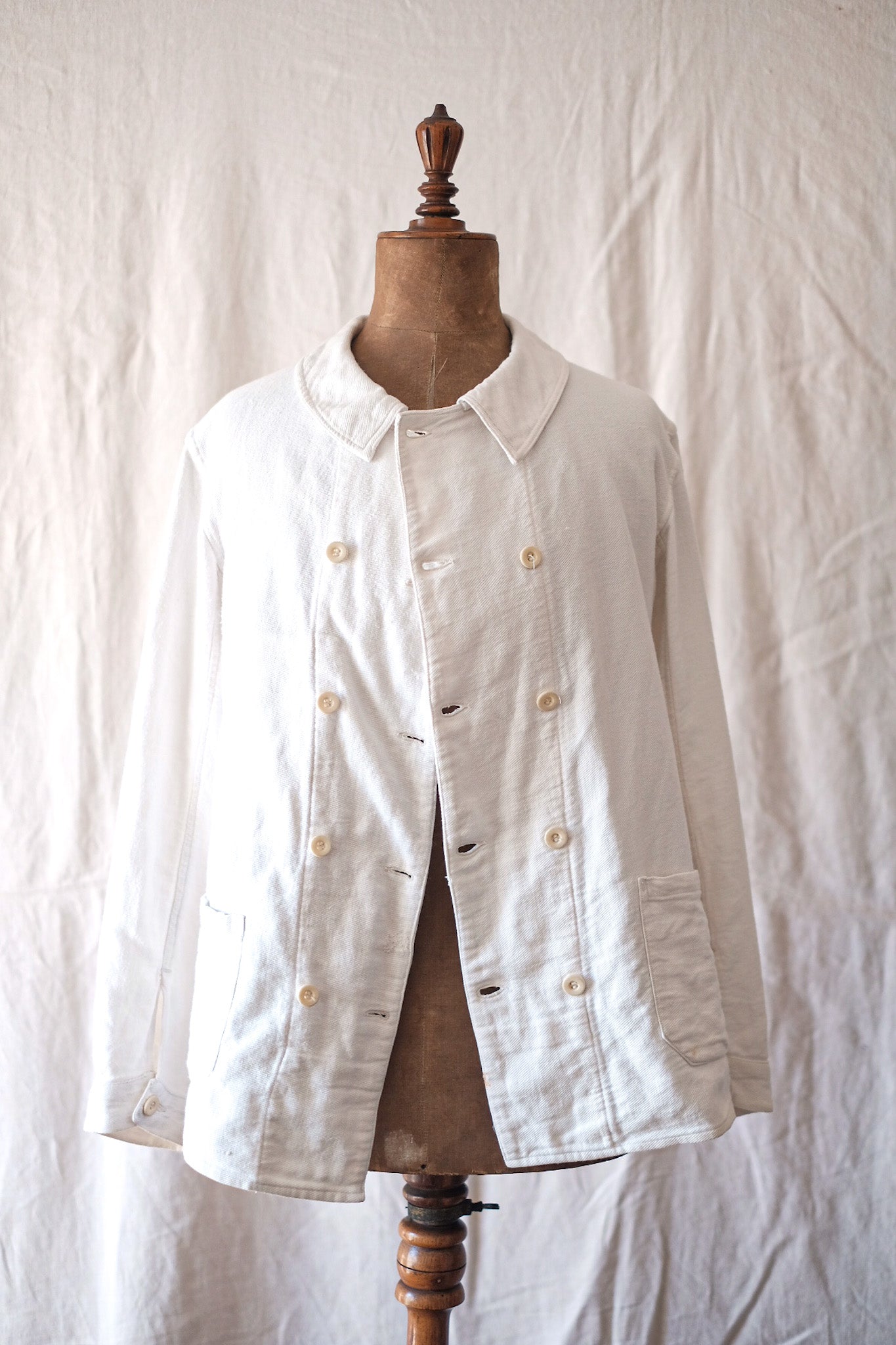 【~30's】French Vintage Double Breasted White Cotton Linen Twill Work Jacket