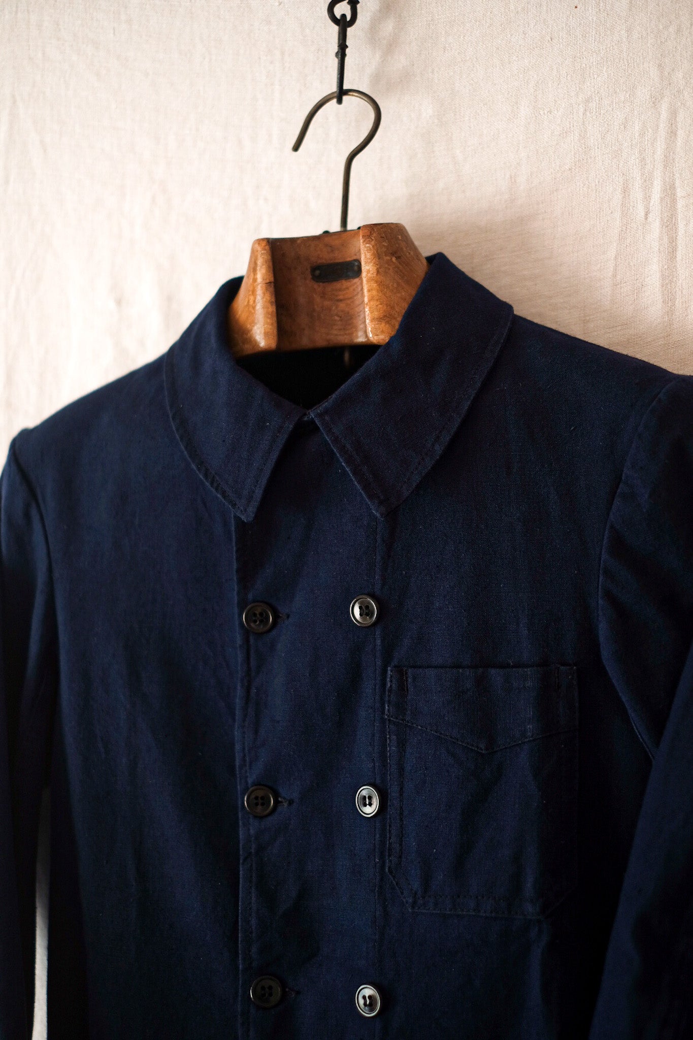 [~ 30's] French Vintage Double Breasted Indigo Cotton Linen Work Jacket "Dead Stock" "
