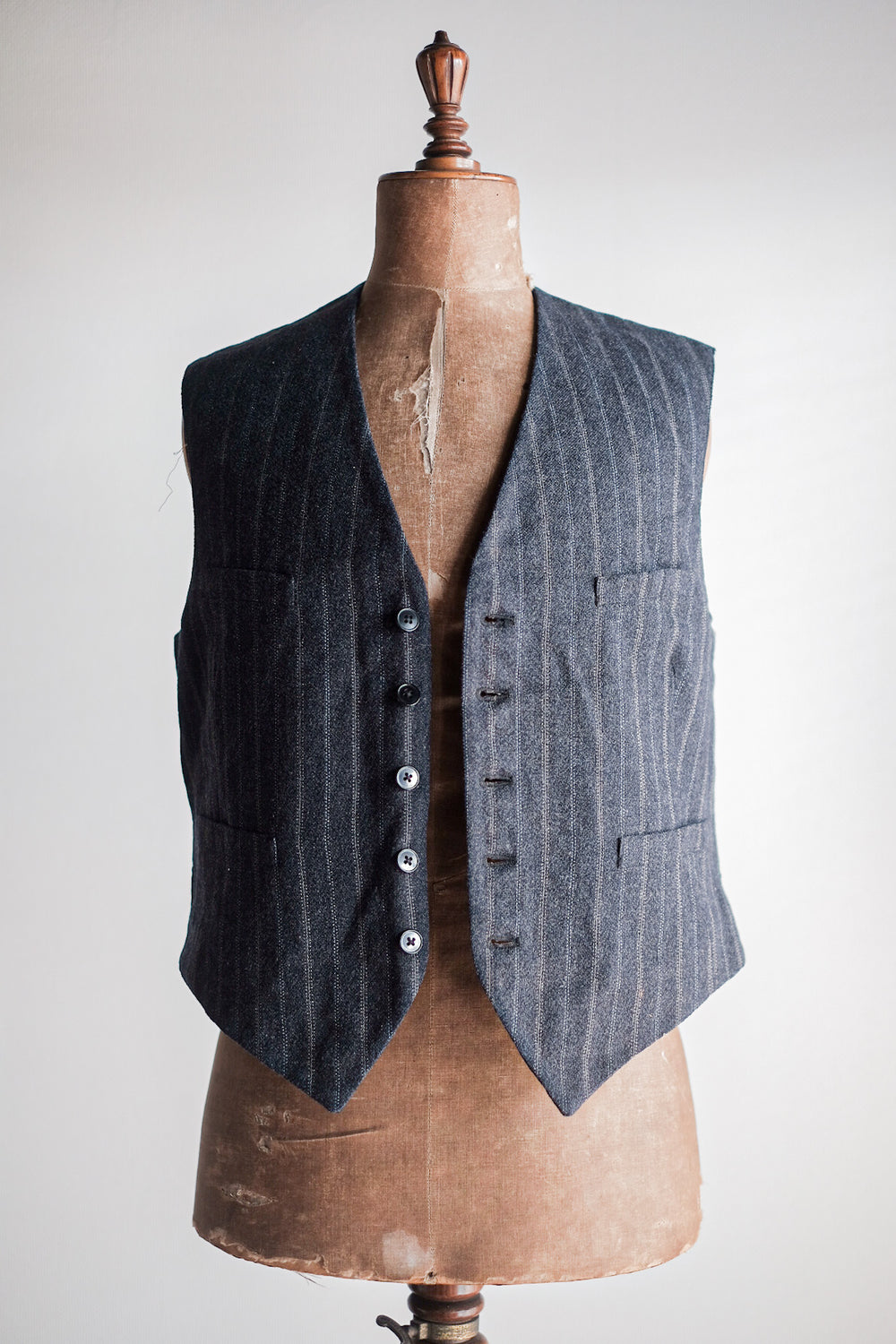 【~40's】French Vintage Gray Wool Striped Work Gilet
