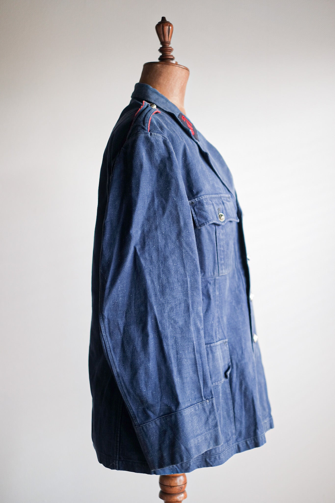 [~ 40 '] 프랑스 빈티지 인디고 메티스 소방관 옷깃 재킷