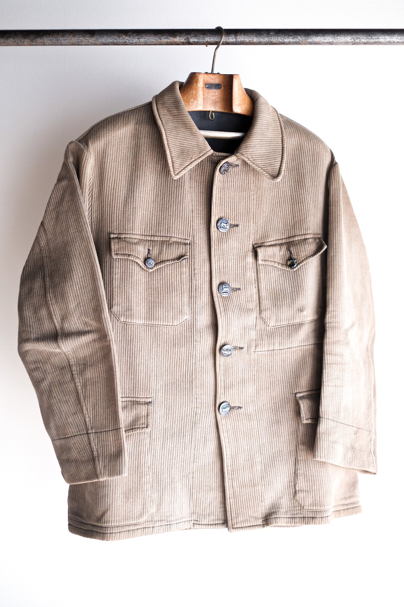 ［~40's］French Vintage Brown Cotton Pique Hunting Jacket With Chin Strap