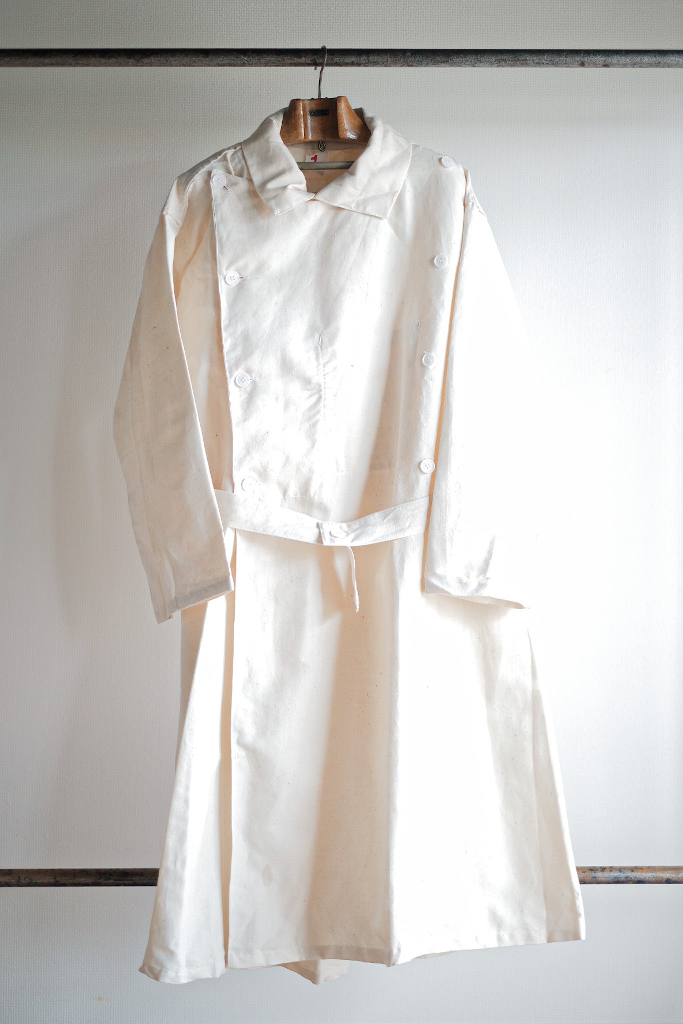 ［~50's］French Army Double Breasted Linen Coat Hospital Military "Dead Stock"