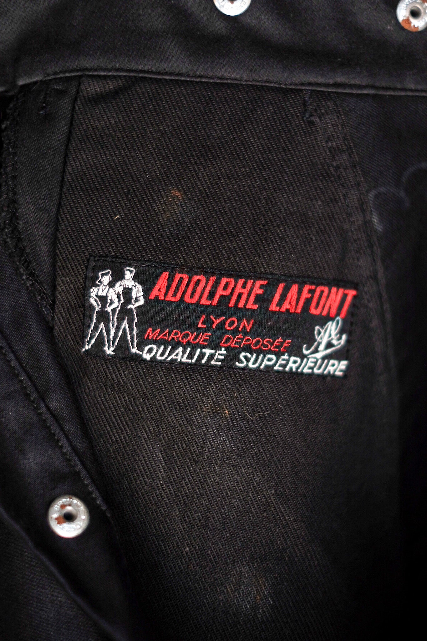 [~ 40's] Pantalon de travail de moleskin noirs vintage français "Adolphe Lafont" "Stock mort"