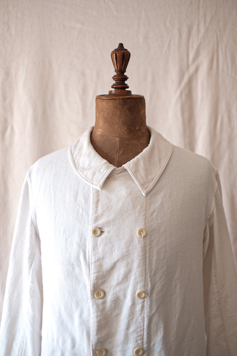 30's】French Vintage Double Breasted White Cotton Linen Twill Work ...