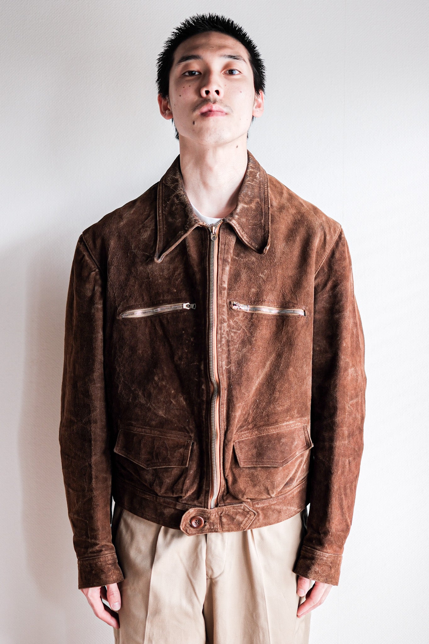 30's】French Vintage Suede Leather Cyclist Jacket