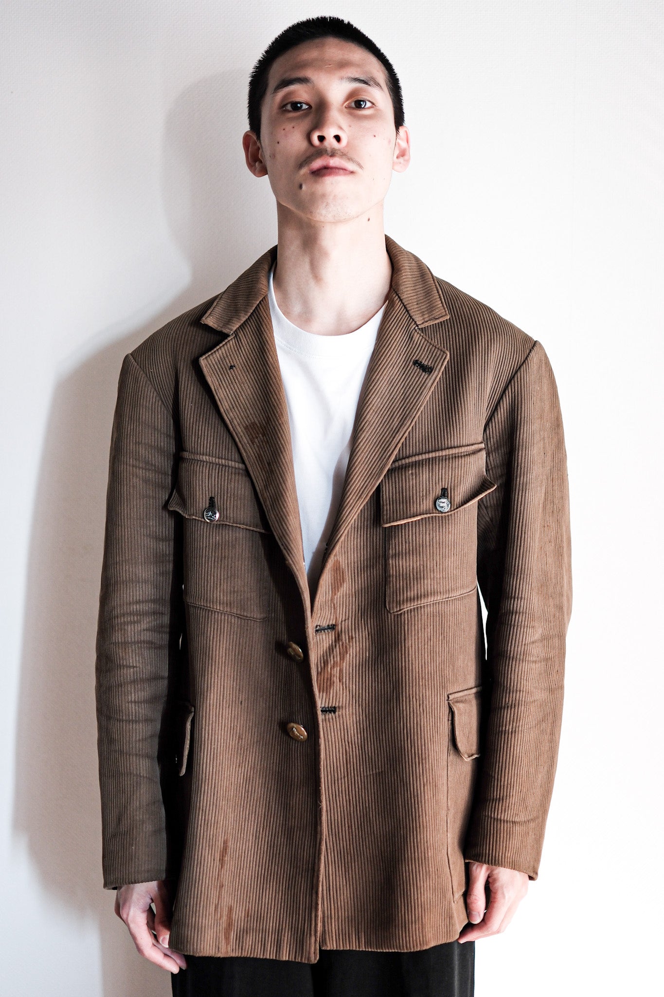 ［~40's］French Vintage Brown Cotton Pique Lapel Gamekeeper Hunting Jacket "Unusual Pattern"