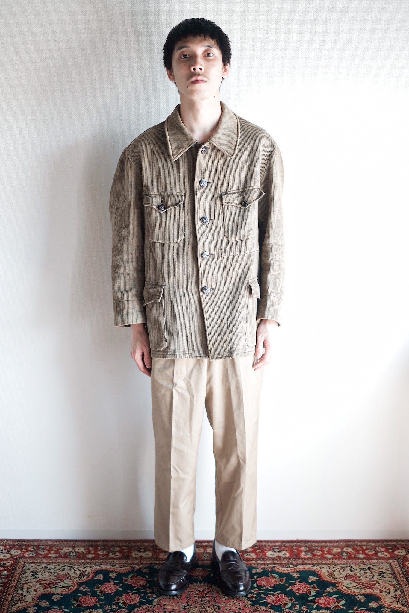 ［~40's］French Vintage Brown Cotton Pique Hunting Jacket With Chin Strap