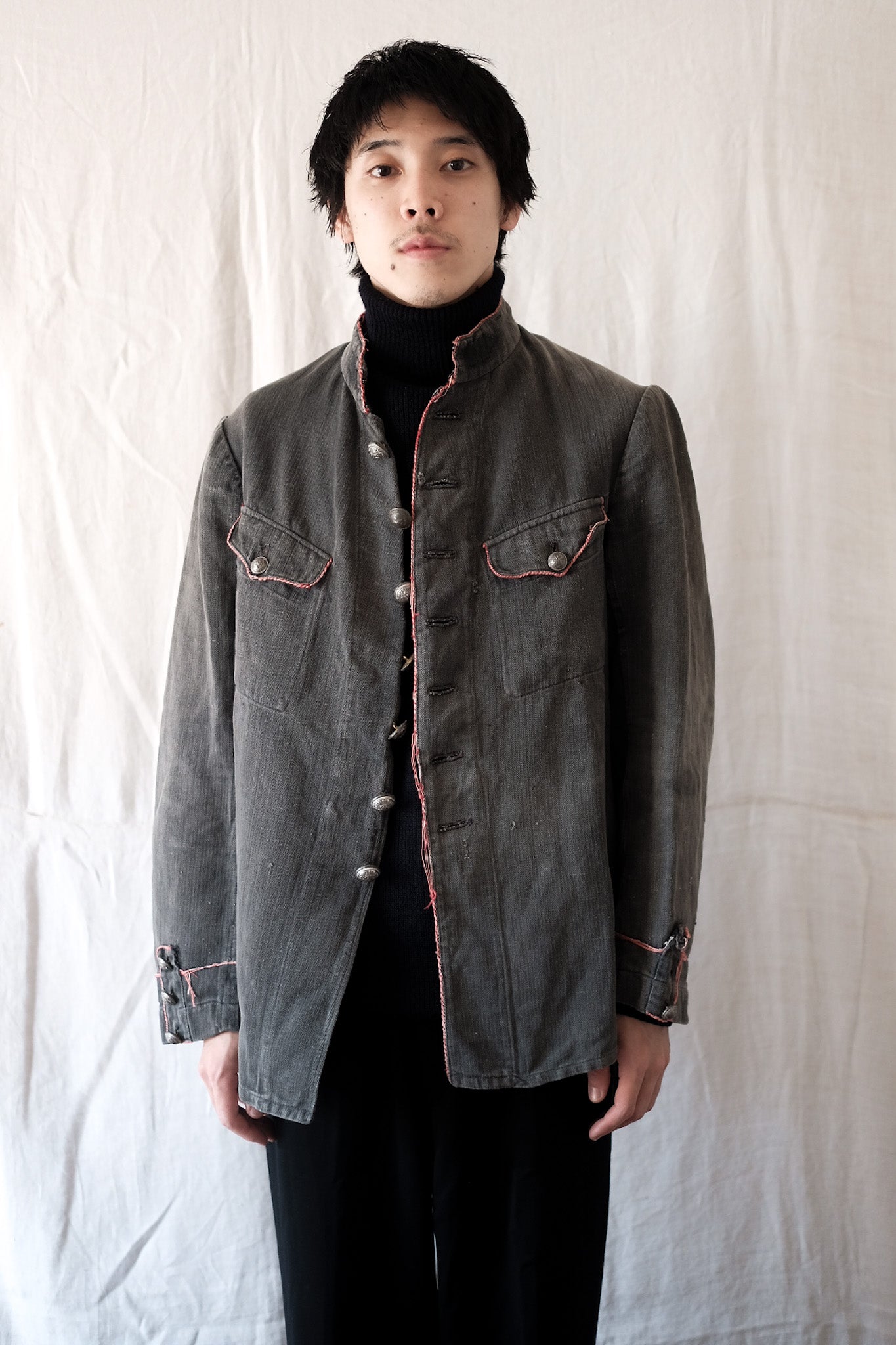 10's】French Vintage Black Linen HBT Fireman Jacket