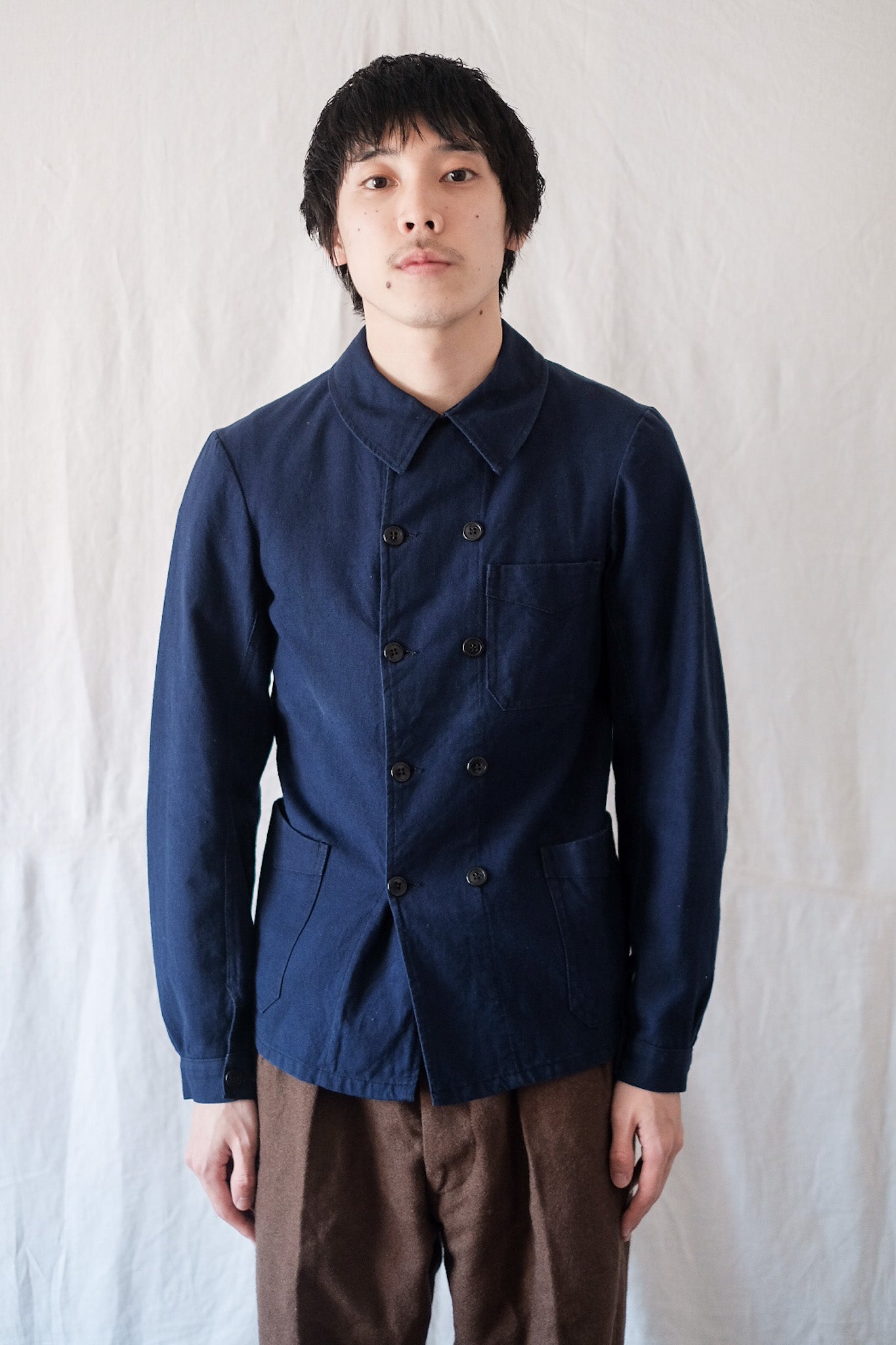 [~ 30's] French Vintage Double Breasted Indigo Cotton Linen Work Jacket "Dead Stock" "