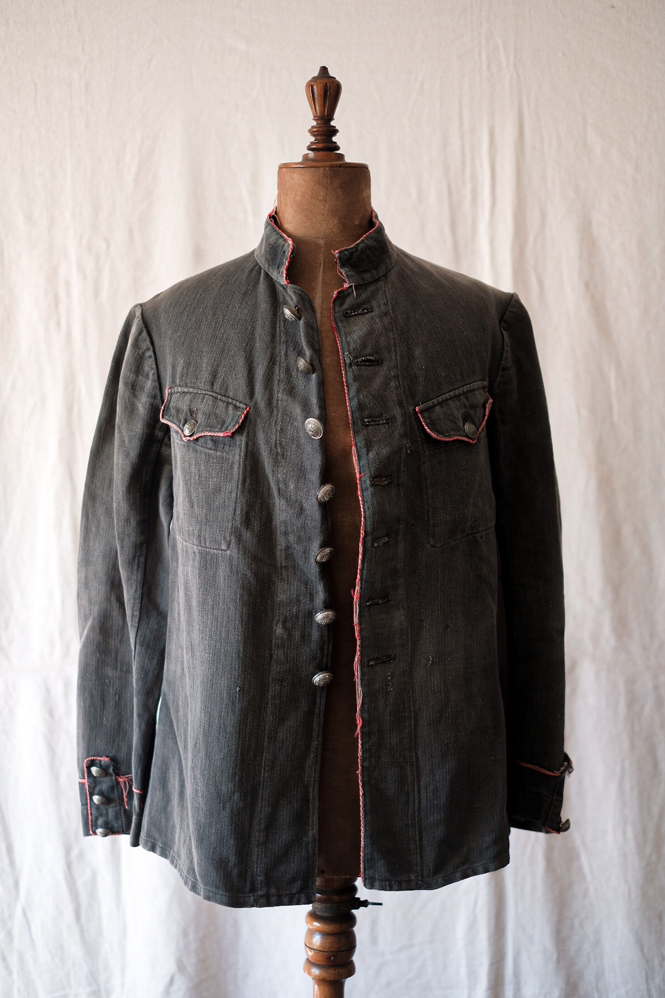 ［~10's］French Vintage Black Linen HBT Fireman Jacket