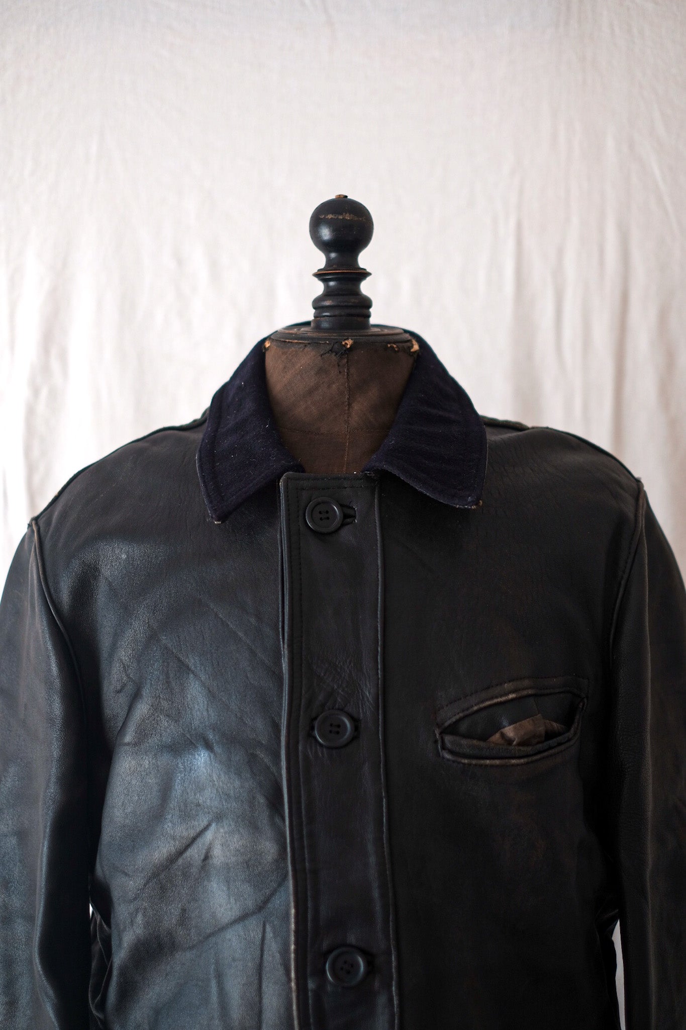 [~ 50 년대] 프랑스 빈티지 가죽 작업 재킷 "울 칼라"